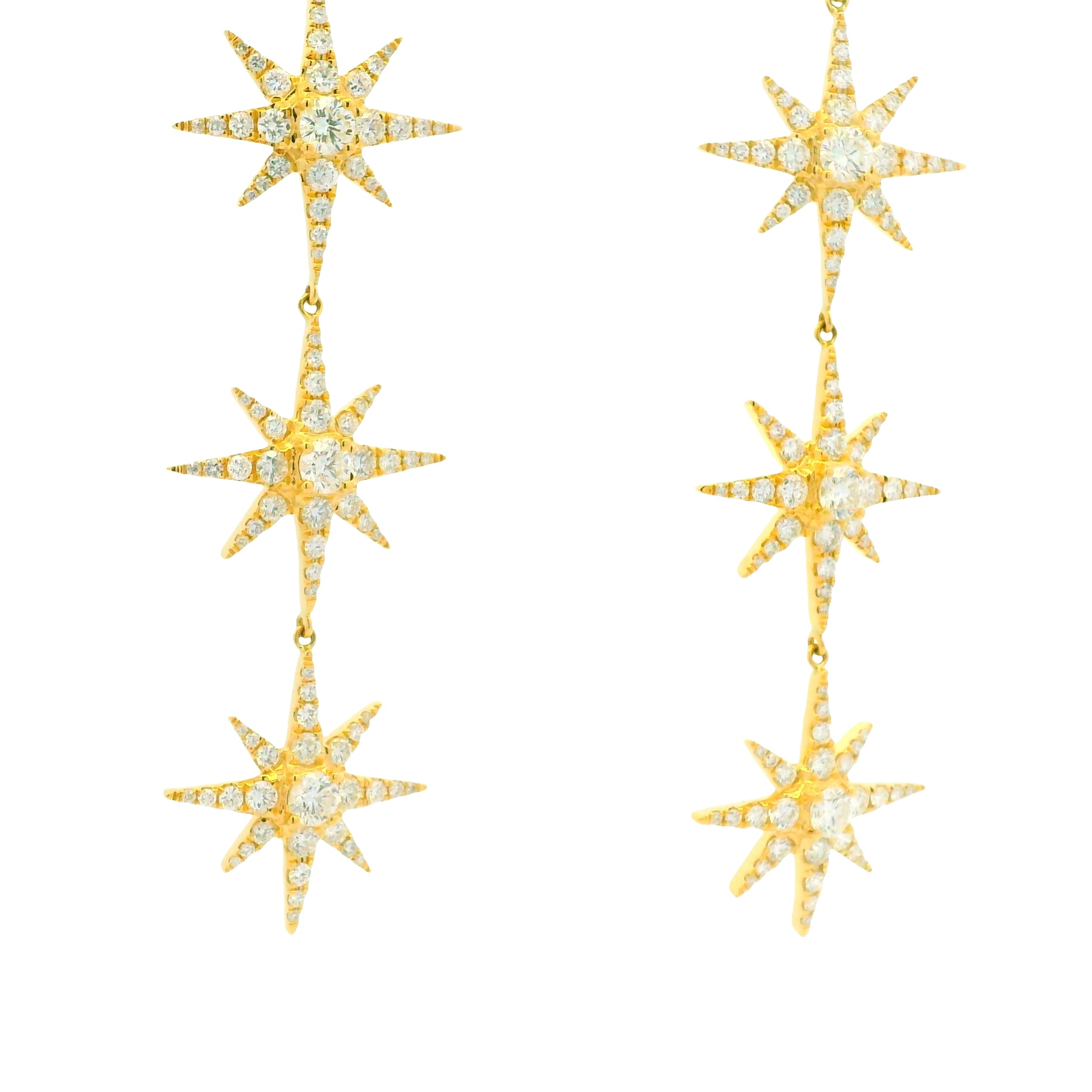 18k Yellow Gold Natural Round Brilliant Diamond Pave 3-Star Drop Earrings