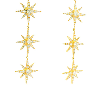 18k Yellow Gold Natural Round Brilliant Diamond Pave 3-Star Drop Earrings
