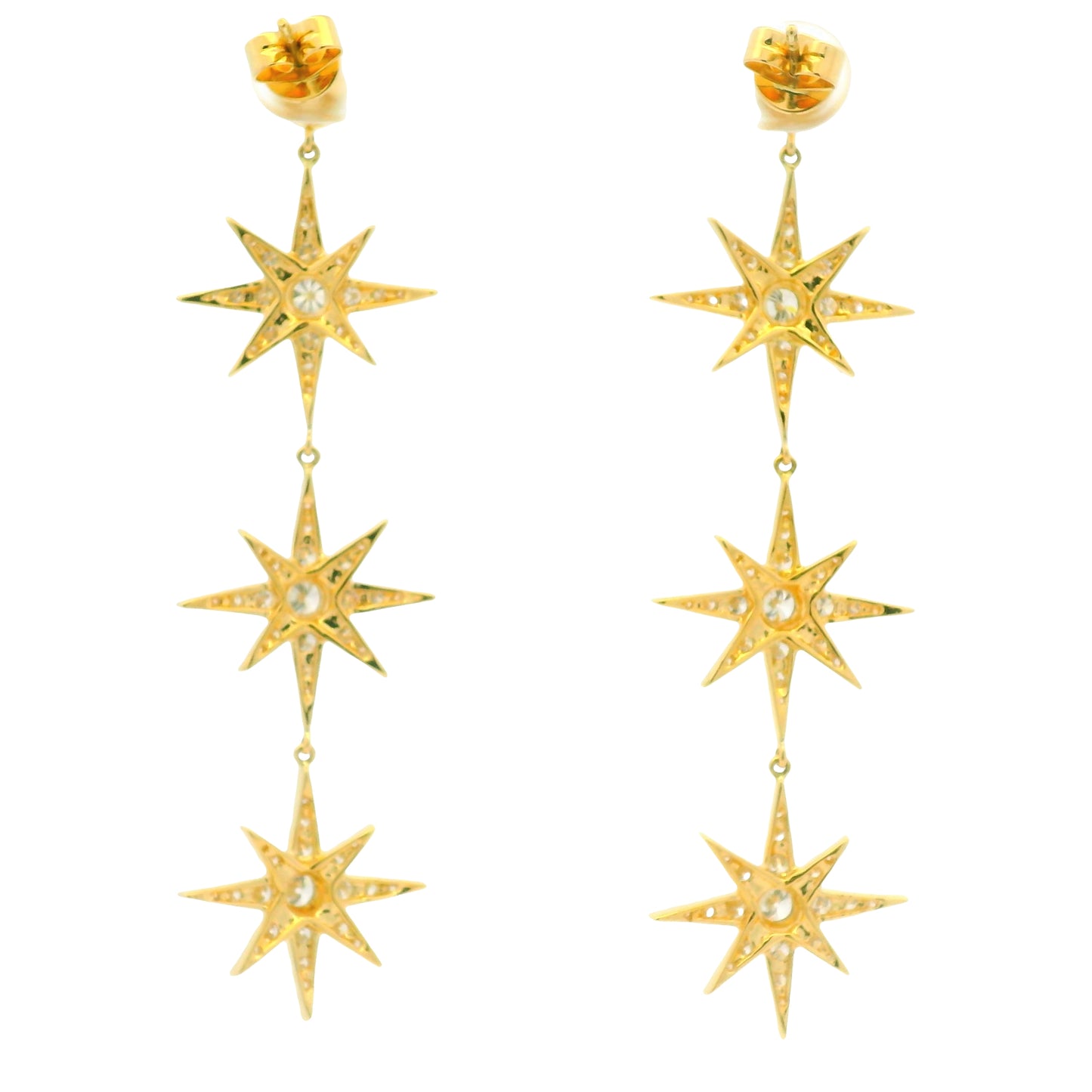 18k Yellow Gold Natural Round Brilliant Diamond Pave 3-Star Drop Earrings