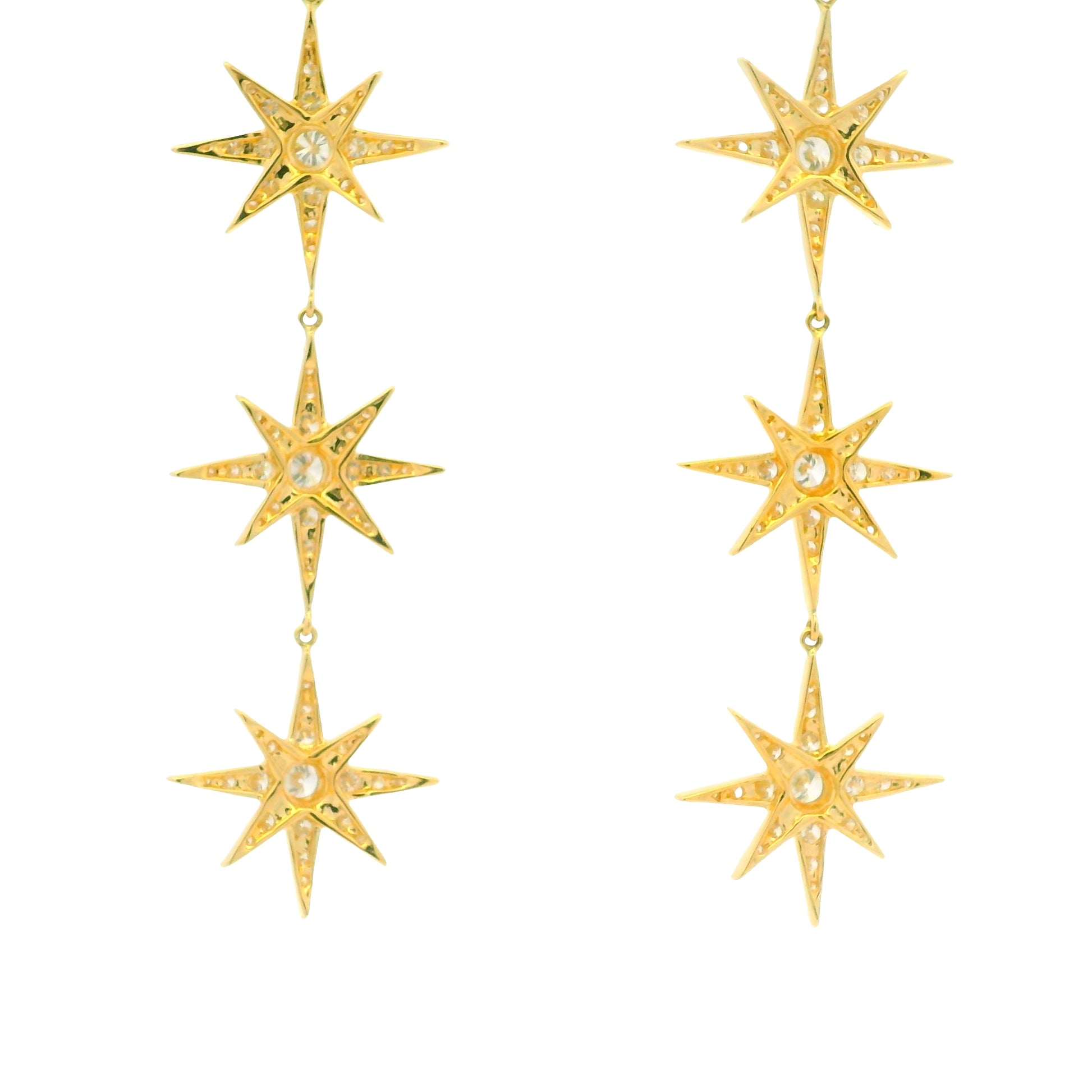 18k Yellow Gold Natural Round Brilliant Diamond Pave 3-Star Drop Earrings