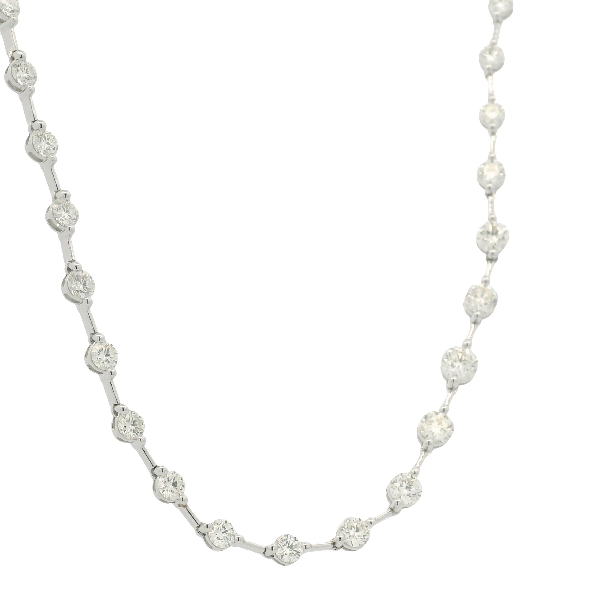 18K White Gold Natural Round Brilliant Cut Diamond Prong Set Bar Tennis Necklace