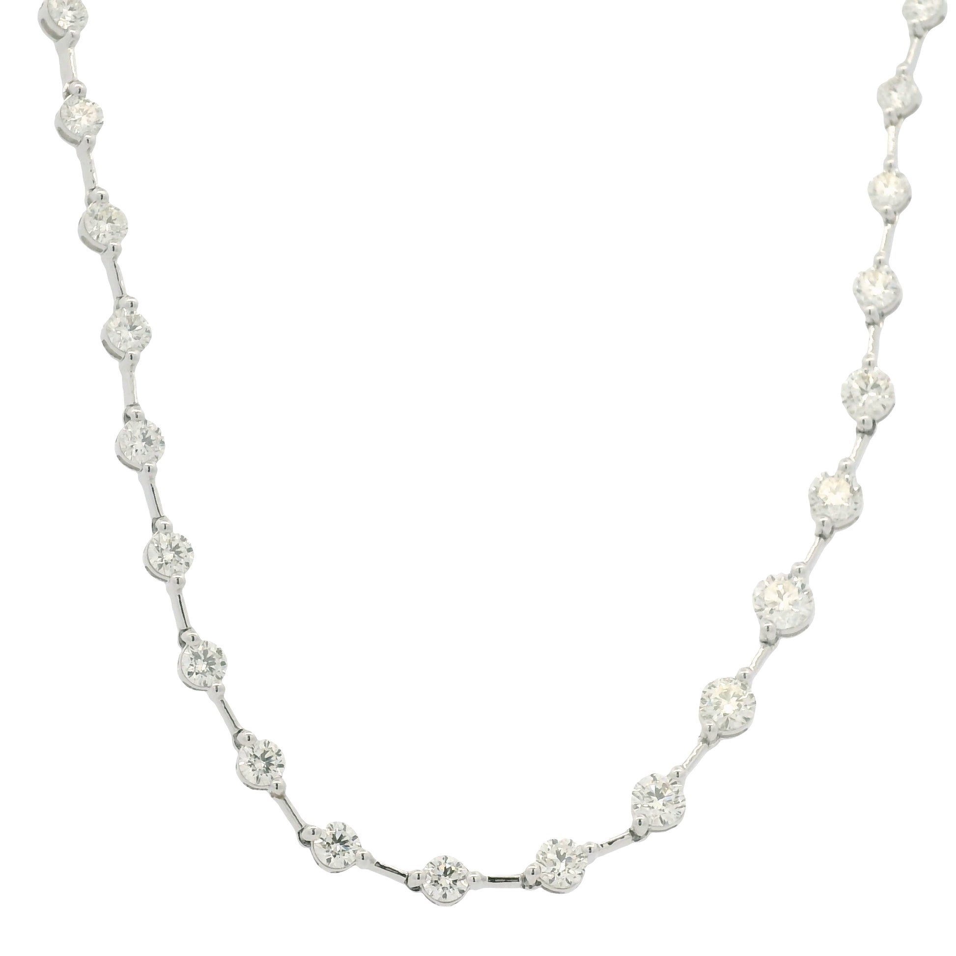 18K White Gold Natural Round Brilliant Cut Diamond Prong Set Bar Tennis Necklace