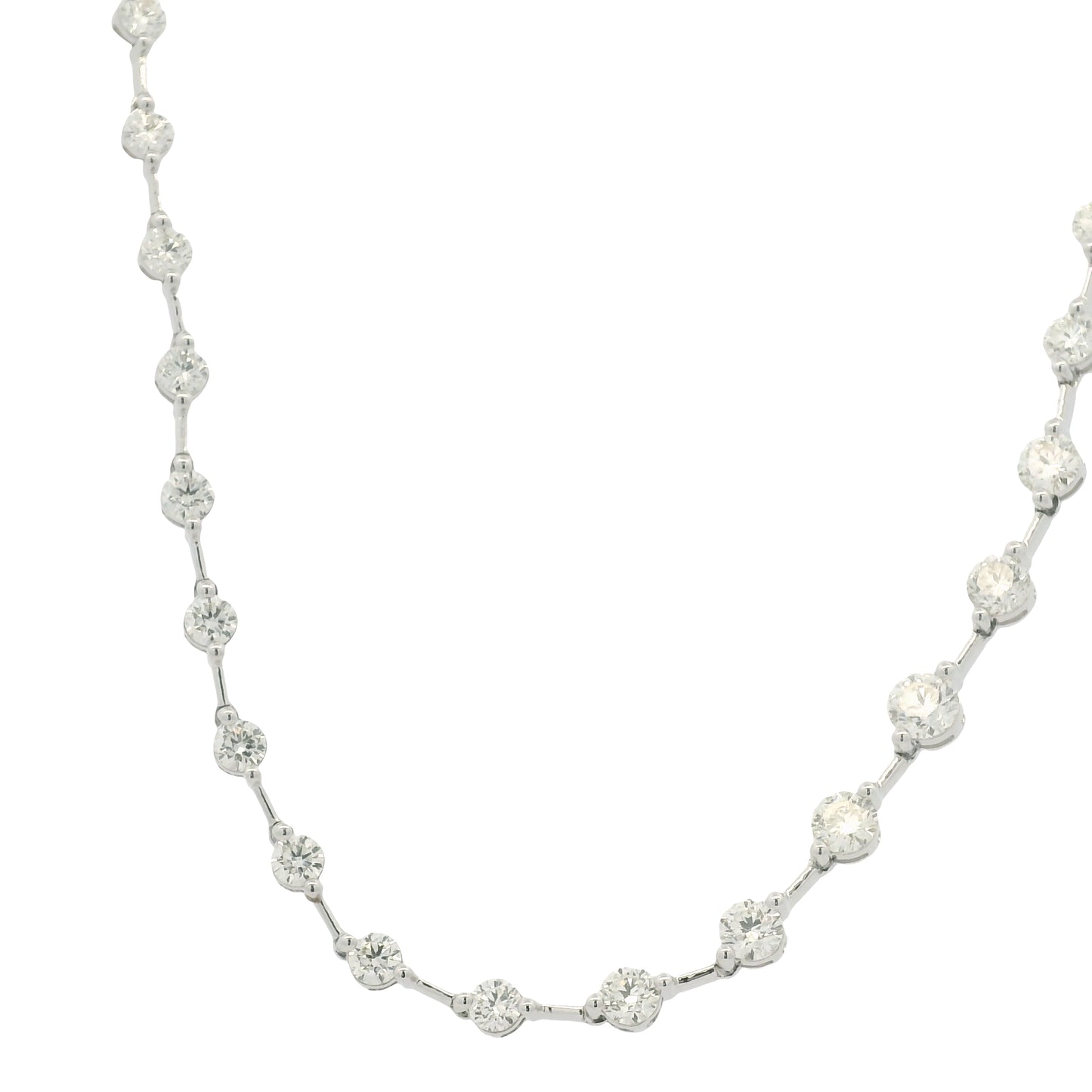 18K White Gold Natural Round Brilliant Cut Diamond Prong Set Bar Tennis Necklace