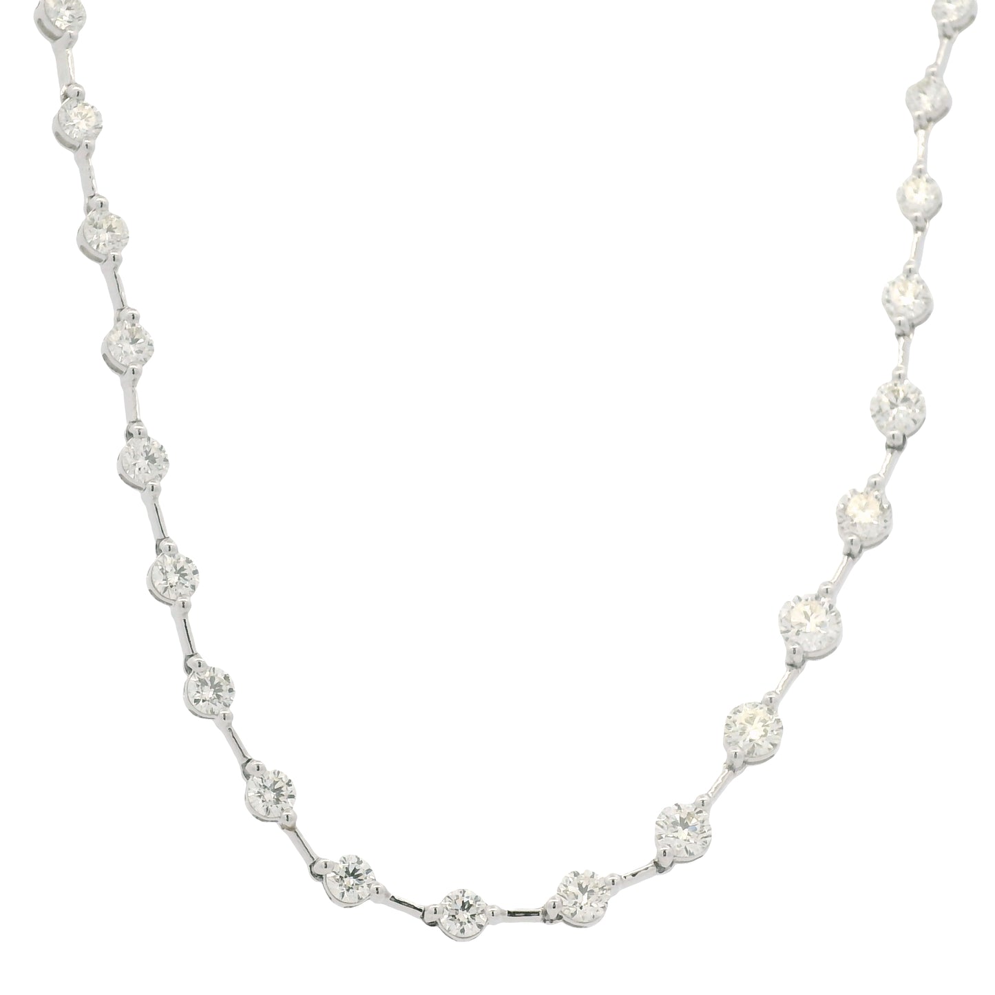 18K White Gold Natural Round Brilliant Cut Diamond Prong Set Bar Tennis Necklace