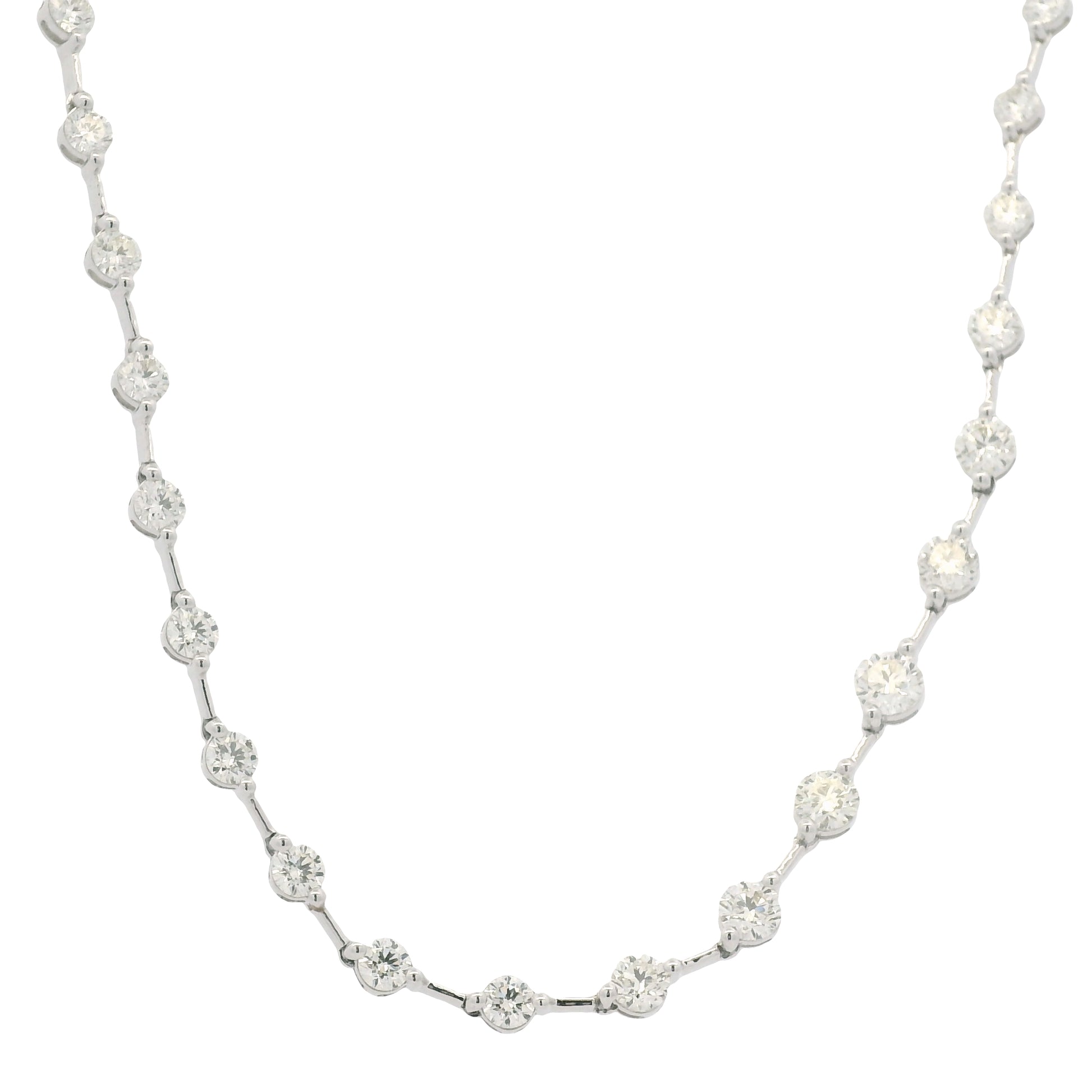 18K White Gold Natural Round Brilliant Cut Diamond Prong Set Bar Tennis Necklace