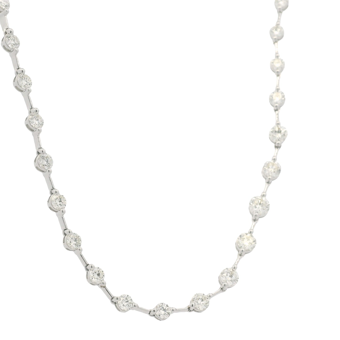 18K White Gold Natural Round Brilliant Cut Diamond Prong Set Bar Tennis Necklace