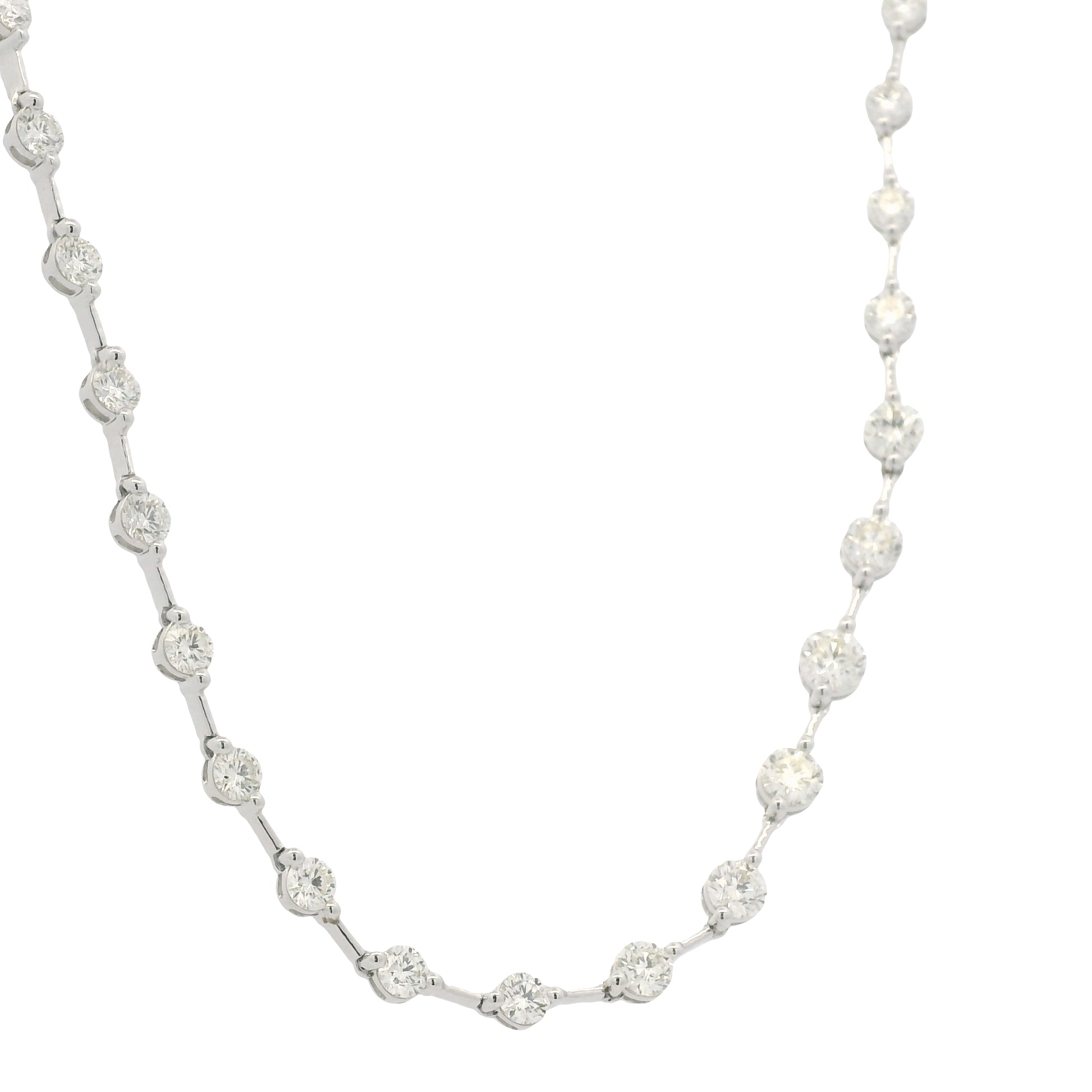 18K White Gold Natural Round Brilliant Cut Diamond Prong Set Bar Tennis Necklace