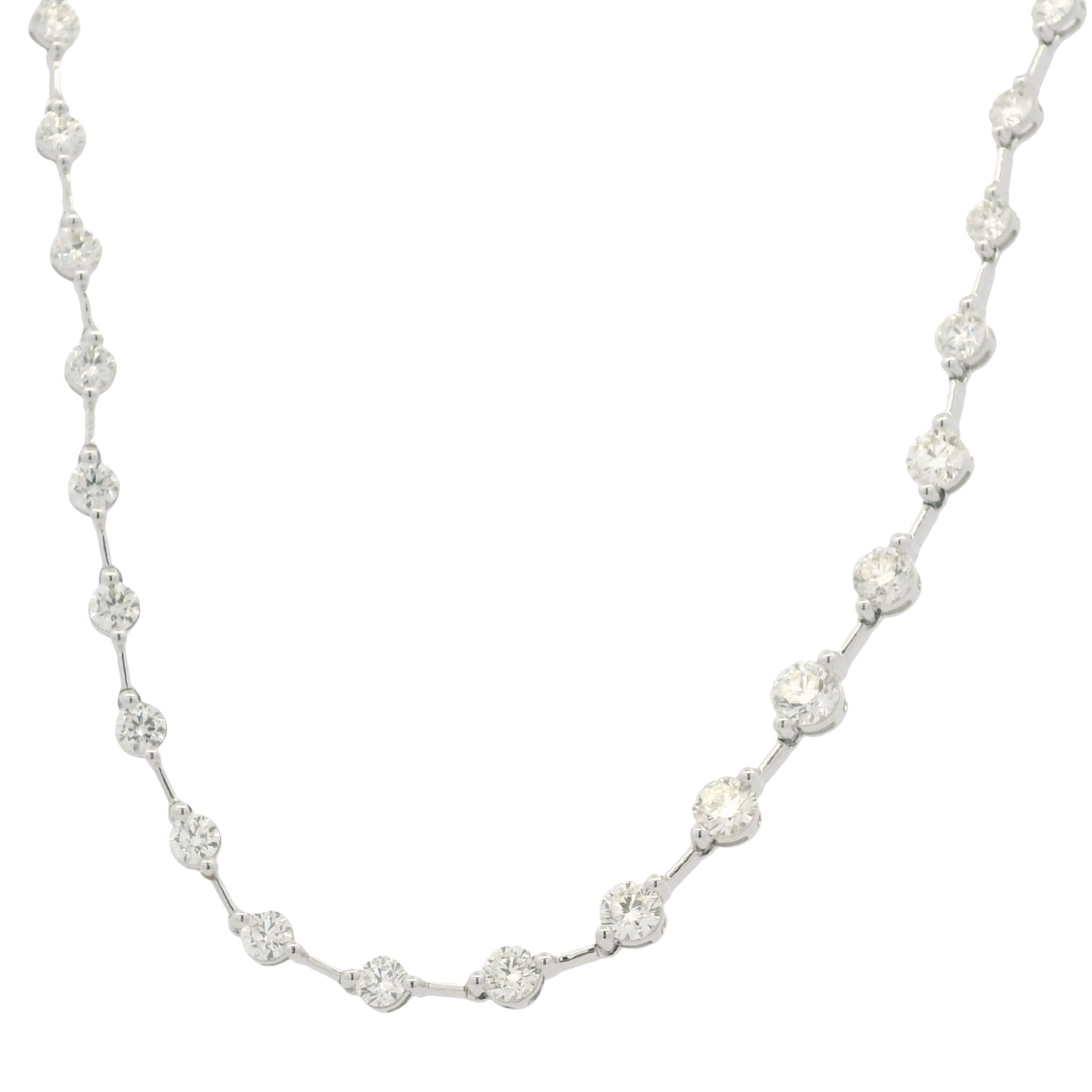 18K White Gold Natural Round Brilliant Cut Diamond Prong Set Bar Tennis Necklace
