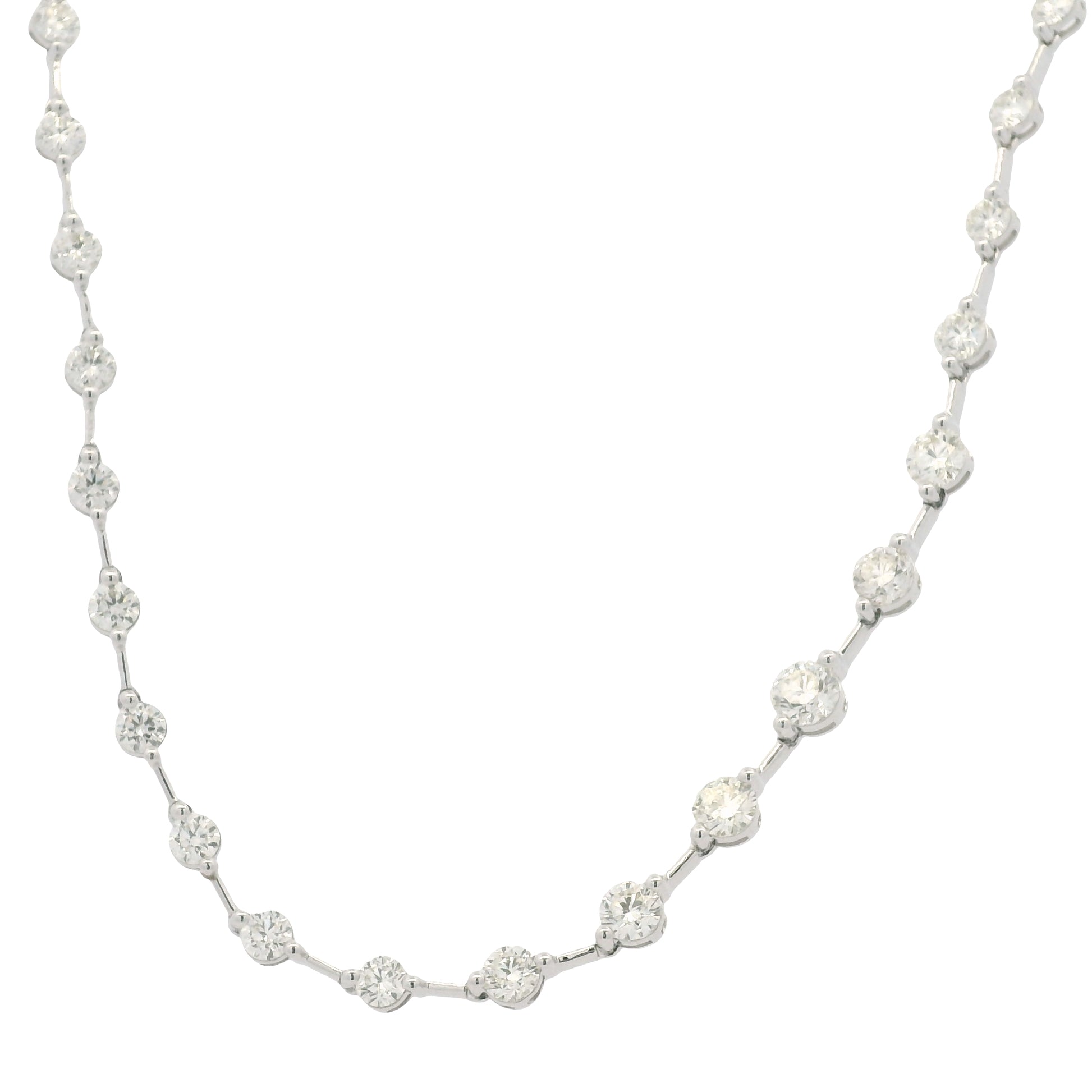 18K White Gold Natural Round Brilliant Cut Diamond Prong Set Bar Tennis Necklace