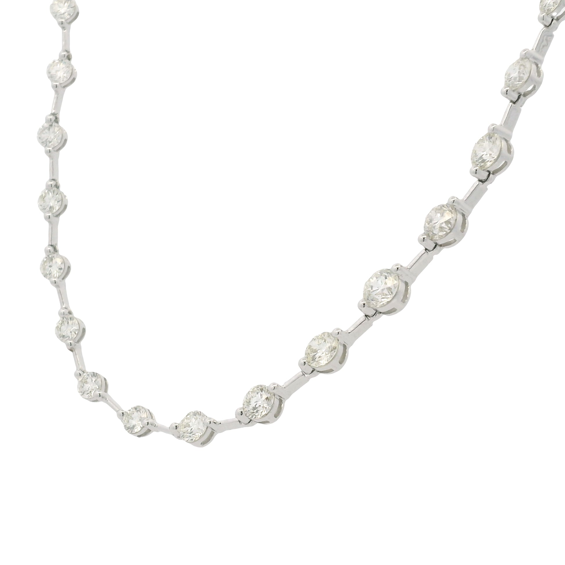18K White Gold Natural Round Brilliant Cut Diamond Prong Set Bar Tennis Necklace