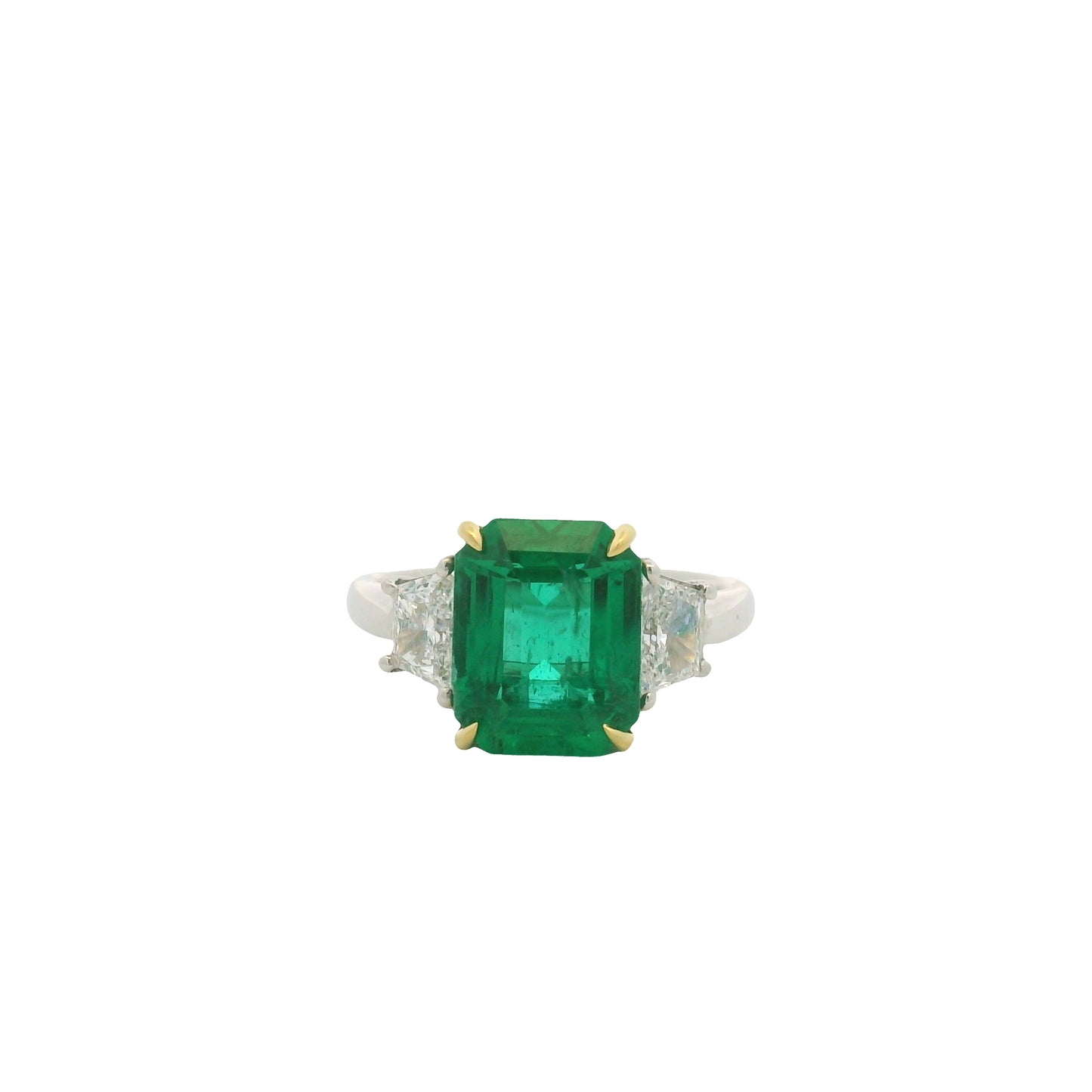 Platinum & 18K Yellow Gold Natural Emerald Center & Emerald-Cut & Trapezoid Cut Diamond Flanked Ring