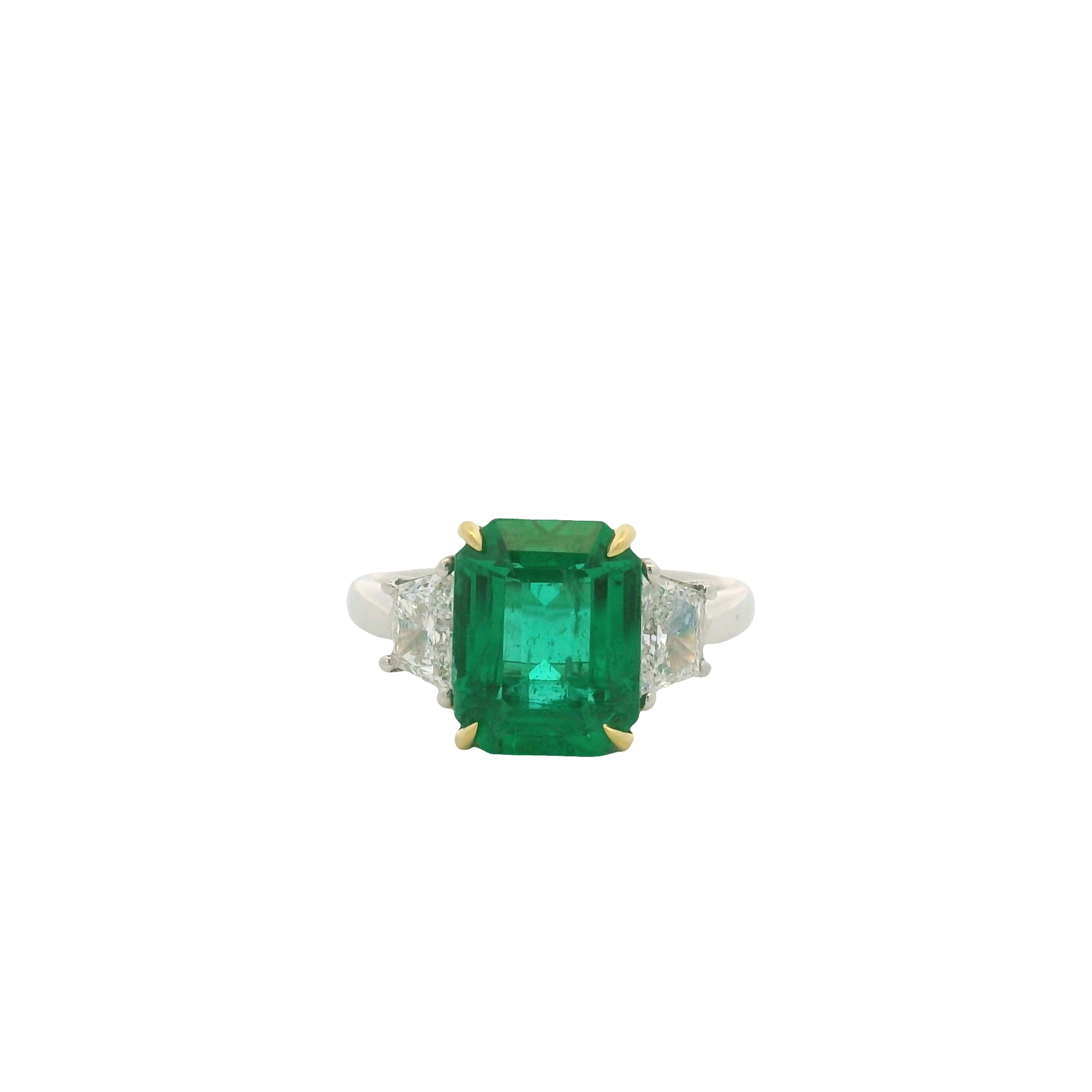 Platinum & 18K Yellow Gold Natural Emerald Center & Emerald-Cut & Trapezoid Cut Diamond Flanked Ring