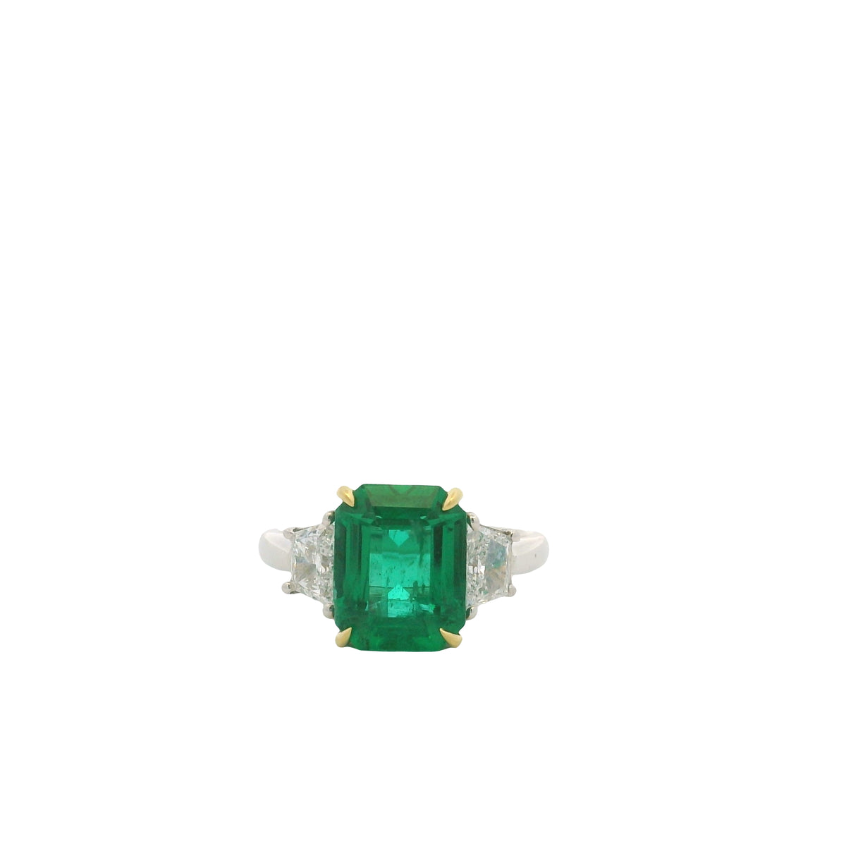 Platinum & 18K Yellow Gold Natural Emerald Center & Emerald-Cut & Trapezoid Cut Diamond Flanked Ring