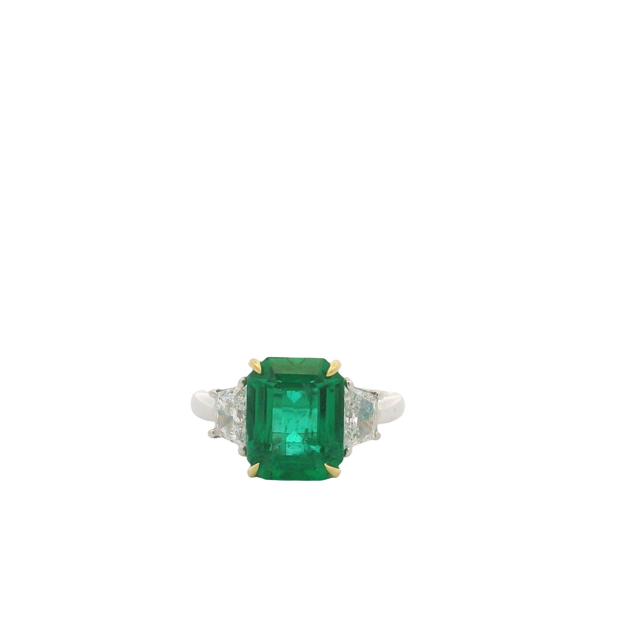 Platinum & 18K Yellow Gold Natural Emerald Center & Emerald-Cut & Trapezoid Cut Diamond Flanked Ring