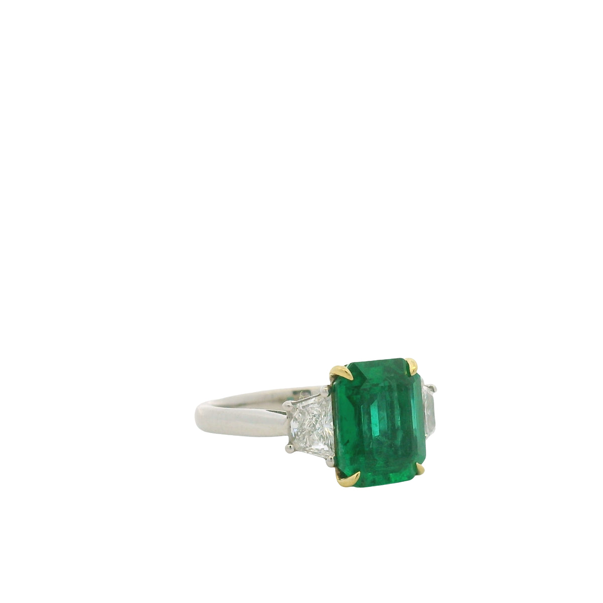Platinum & 18K Yellow Gold Natural Emerald Center & Emerald-Cut & Trapezoid Cut Diamond Flanked Ring