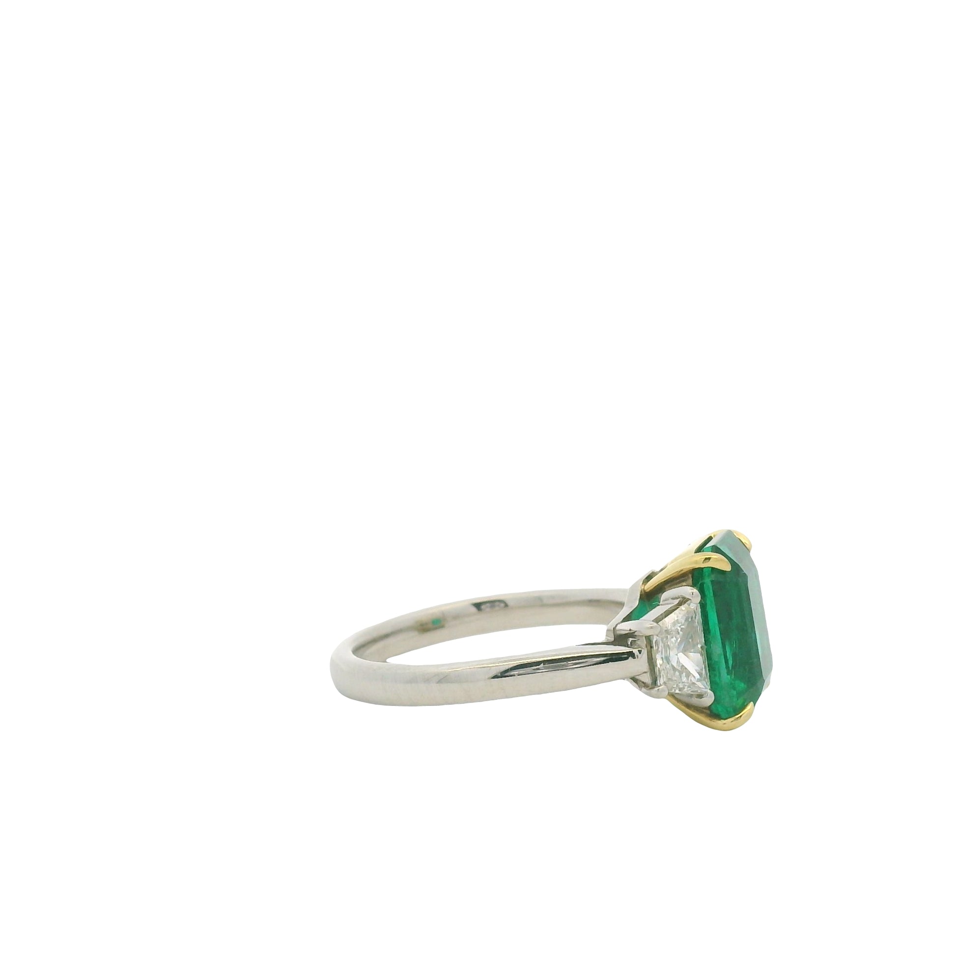 Platinum & 18K Yellow Gold Natural Emerald Center & Emerald-Cut & Trapezoid Cut Diamond Flanked Ring