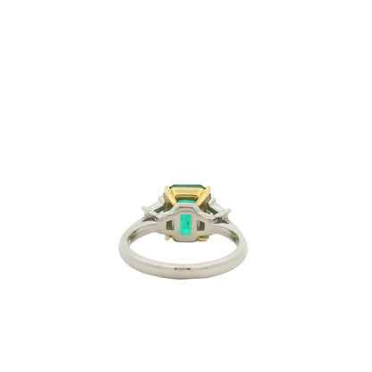 Platinum & 18K Yellow Gold Natural Emerald Center & Emerald-Cut & Trapezoid Cut Diamond Flanked Ring