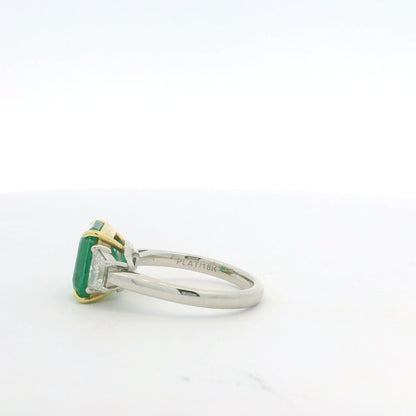 Platinum & 18K Yellow Gold Natural Emerald Center & Emerald-Cut & Trapezoid Cut Diamond Flanked Ring