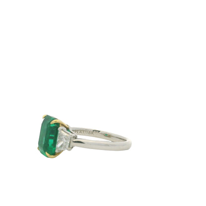 Platinum & 18K Yellow Gold Natural Emerald Center & Emerald-Cut & Trapezoid Cut Diamond Flanked Ring