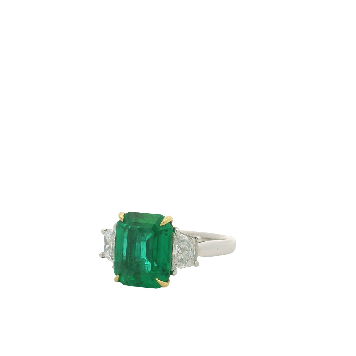 Platinum & 18K Yellow Gold Natural Emerald Center & Emerald-Cut & Trapezoid Cut Diamond Flanked Ring