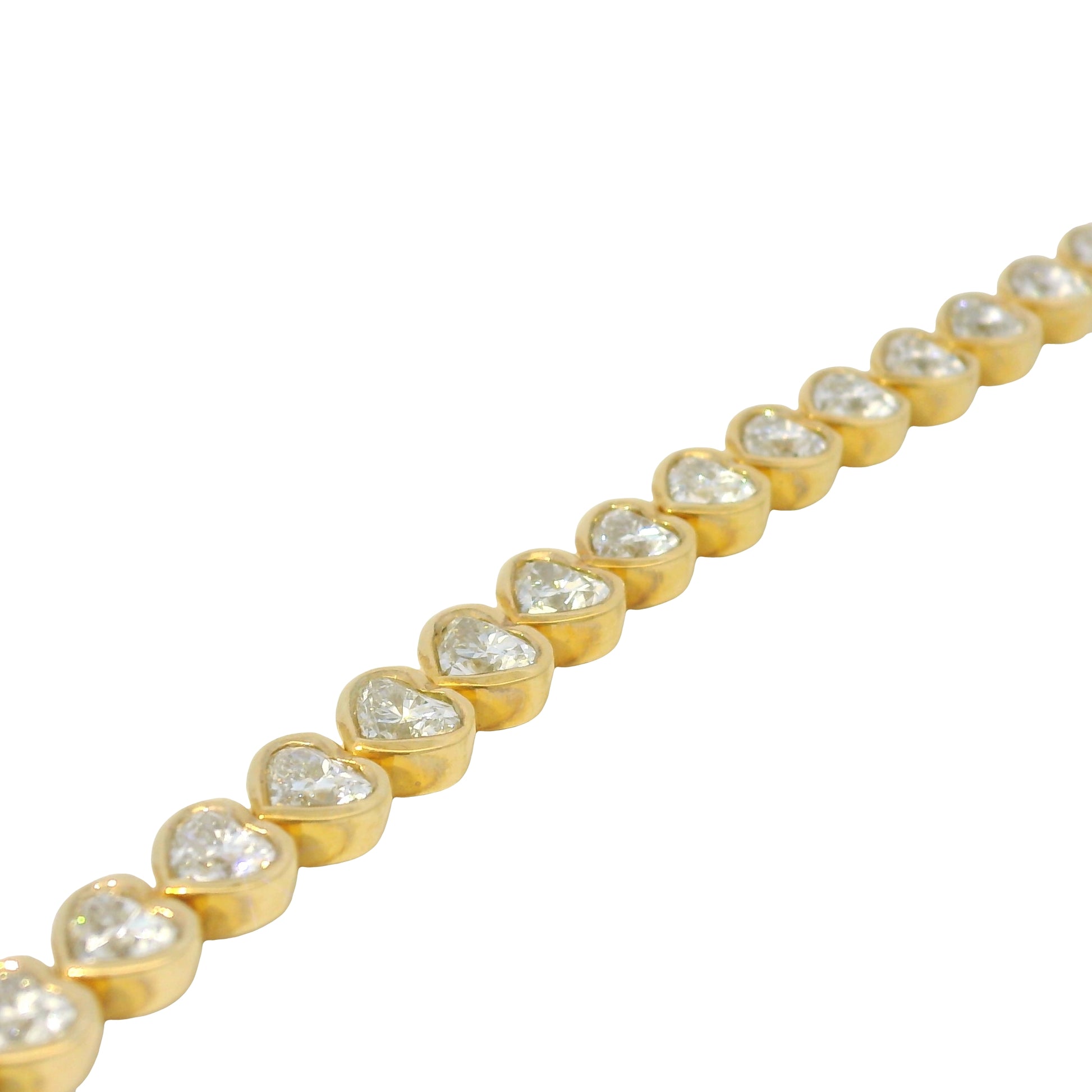 18K Yellow Gold Natural Round Brilliant Cut Diamond Bezel- Set Heart Tennis Bracelet