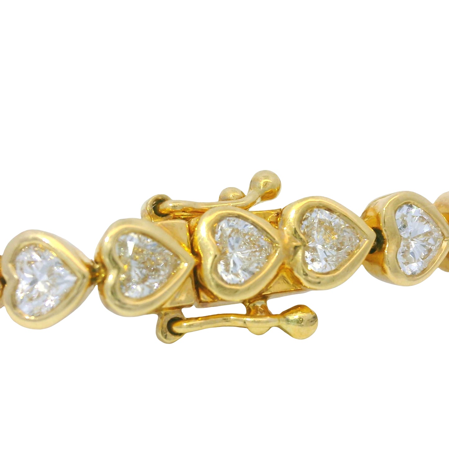 18K Yellow Gold Natural Round Brilliant Cut Diamond Bezel- Set Heart Tennis Bracelet