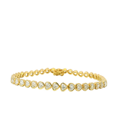 18K Yellow Gold Natural Round Brilliant Cut Diamond Bezel- Set Heart Tennis Bracelet