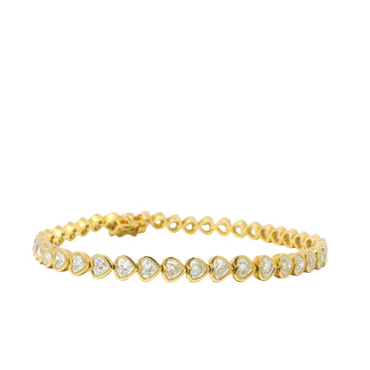 le18K Yellow Gold Natural Round Brilliant Cut Diamond Bezel- Set Heart Tennis Bracelet