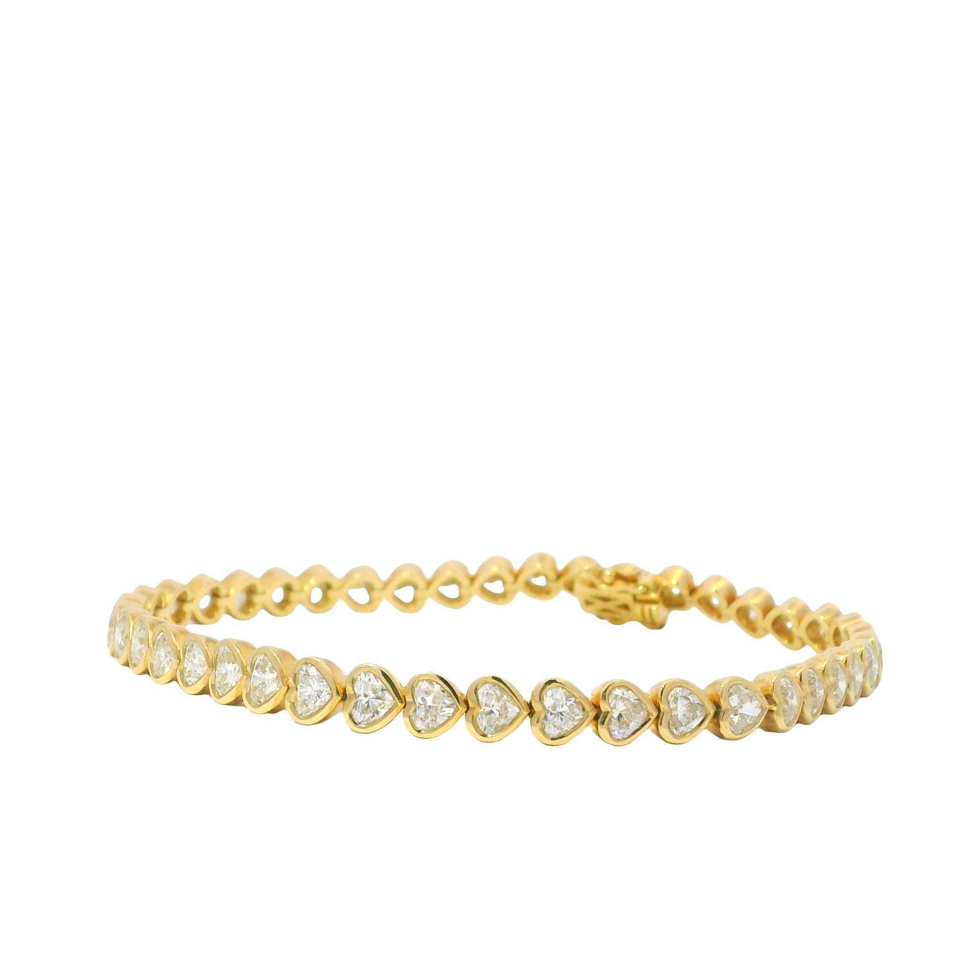 18K Yellow Gold Natural Round Brilliant Cut Diamond Bezel- Set Heart Tennis Bracelet