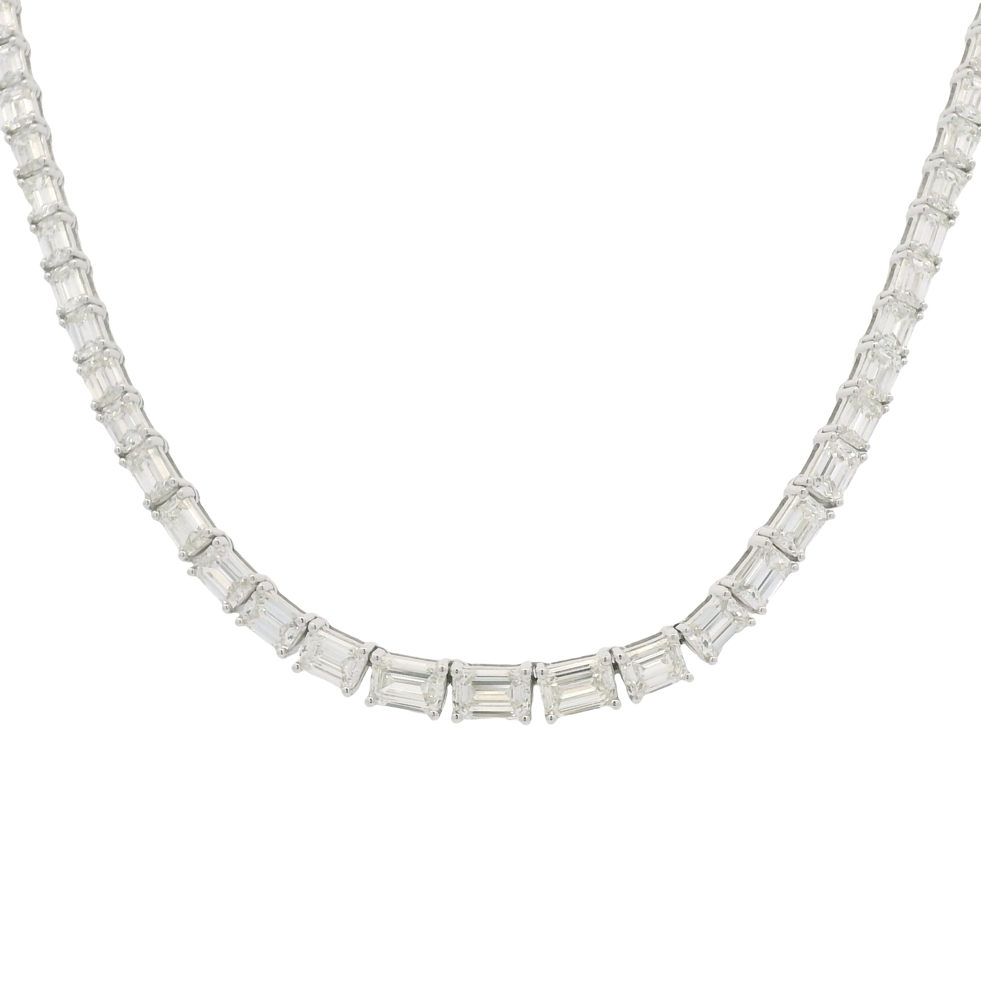 18K White Gold Natural Emerald Cut Diamond Half- Way Tennis Necklace