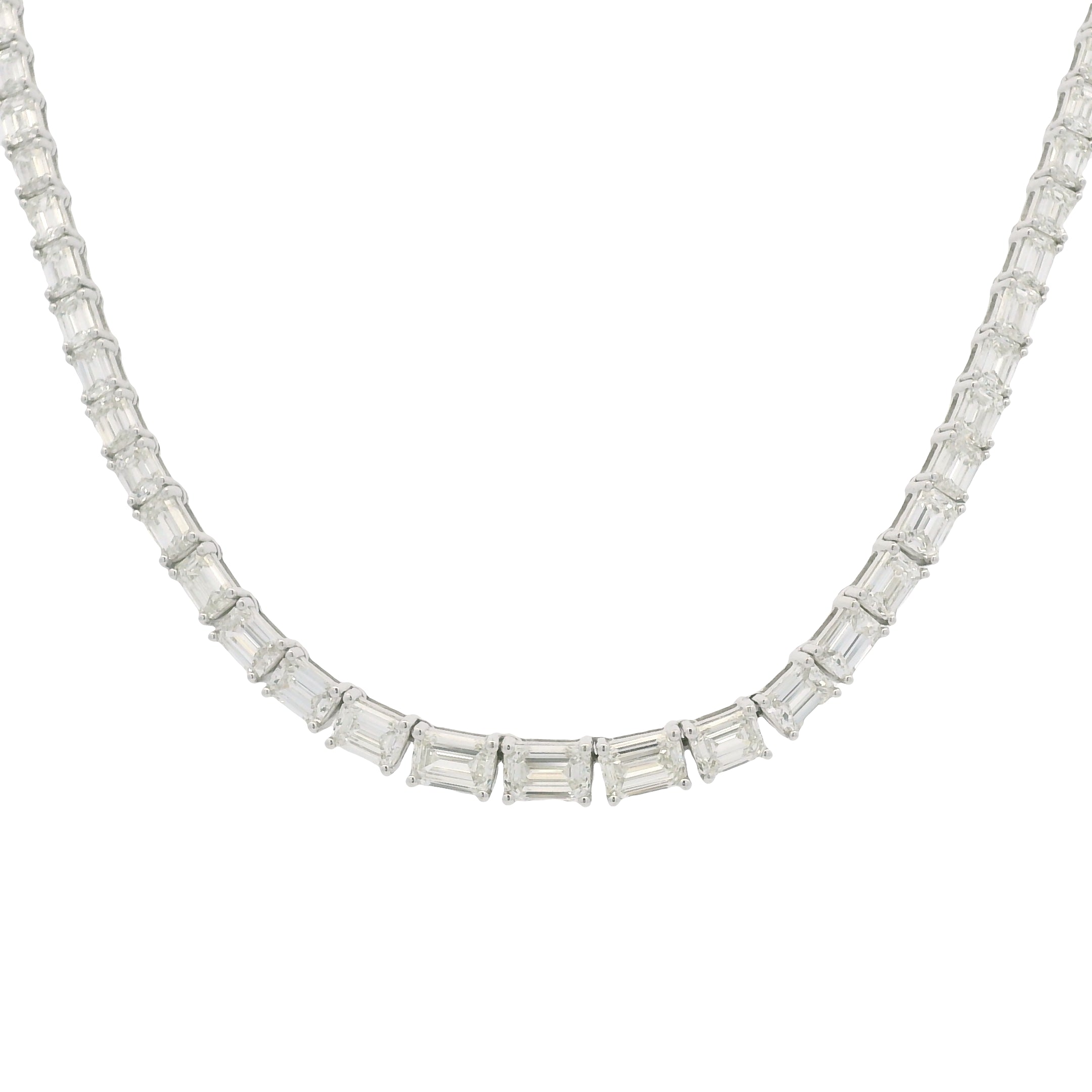 18K White Gold Natural Emerald Cut Diamond Half- Way Tennis Necklace