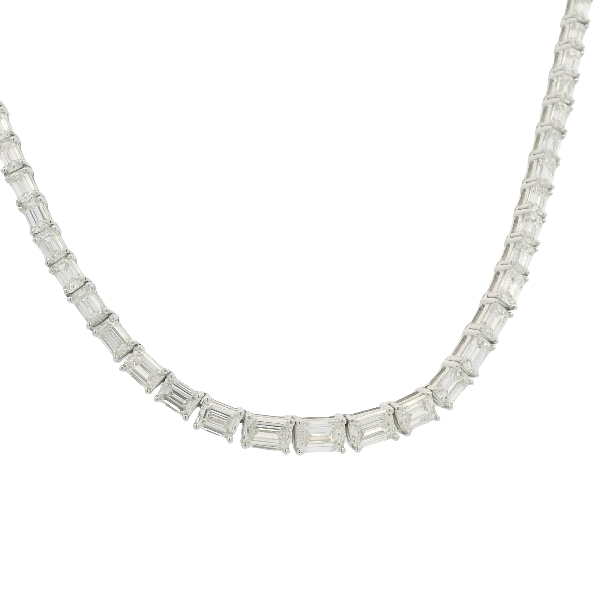 18K White Gold Natural Emerald Cut Diamond Half- Way Tennis Necklace