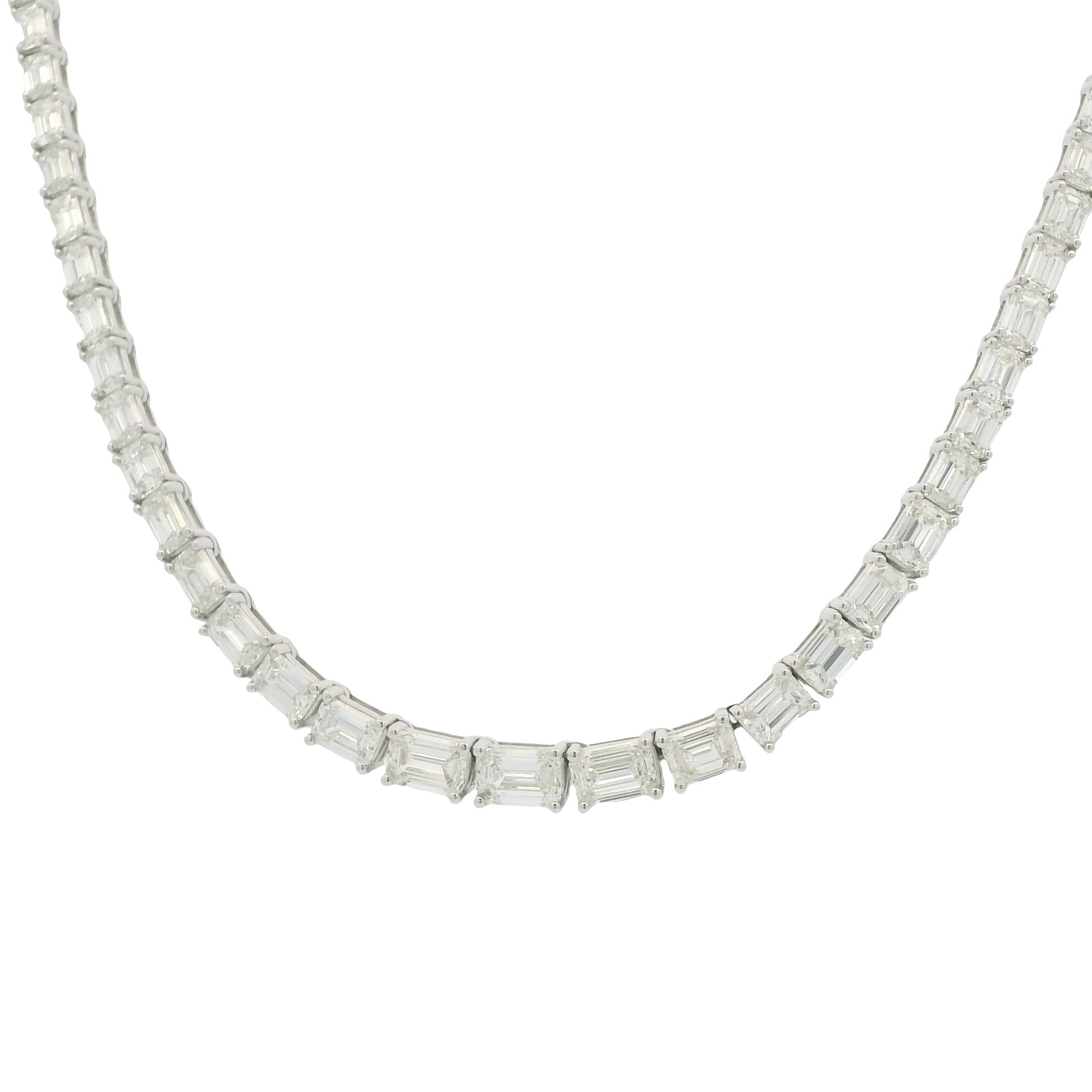 18K White Gold Natural Emerald Cut Diamond Half- Way Tennis Necklace