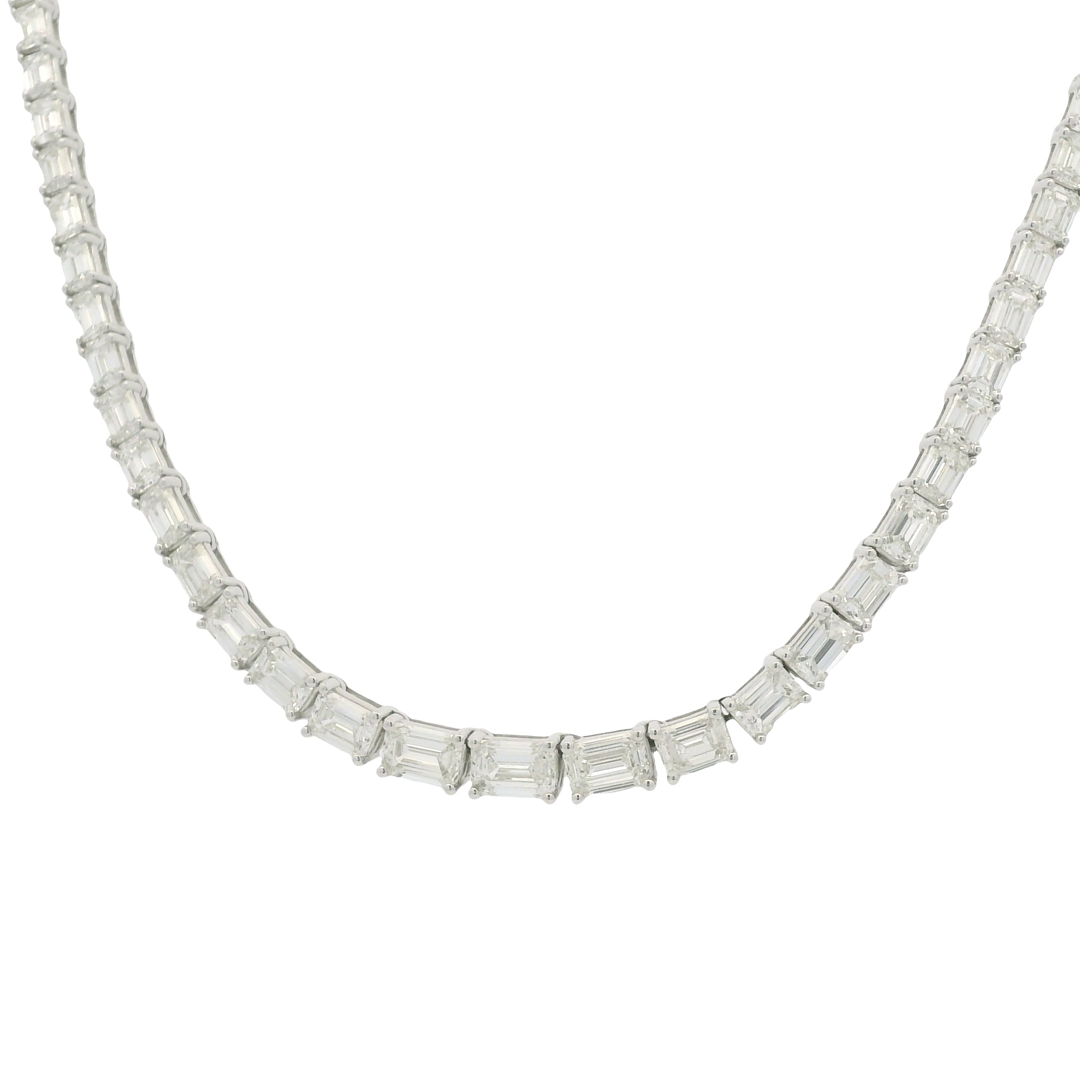 18K White Gold Natural Emerald Cut Diamond Half- Way Tennis Necklace