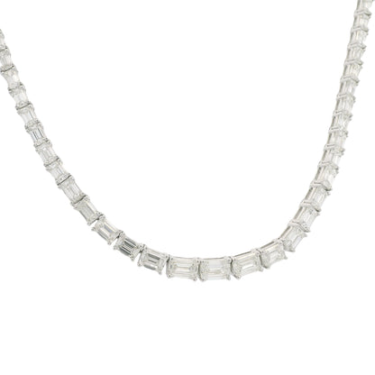 18K White Gold Natural Emerald Cut Diamond Half- Way Tennis Necklace