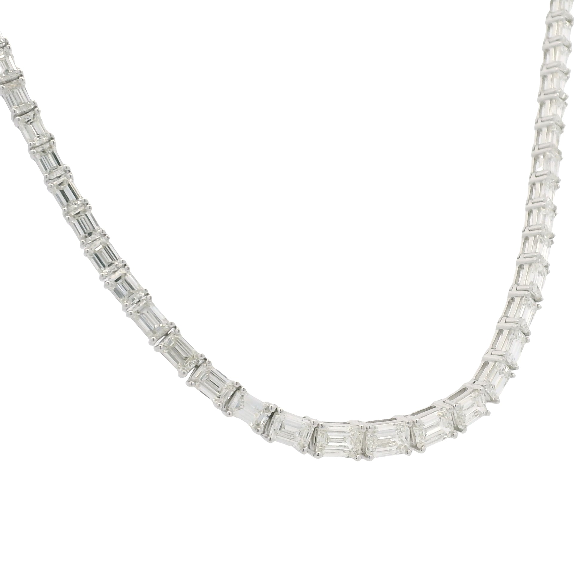 18K White Gold Natural Emerald Cut Diamond Half- Way Tennis Necklace