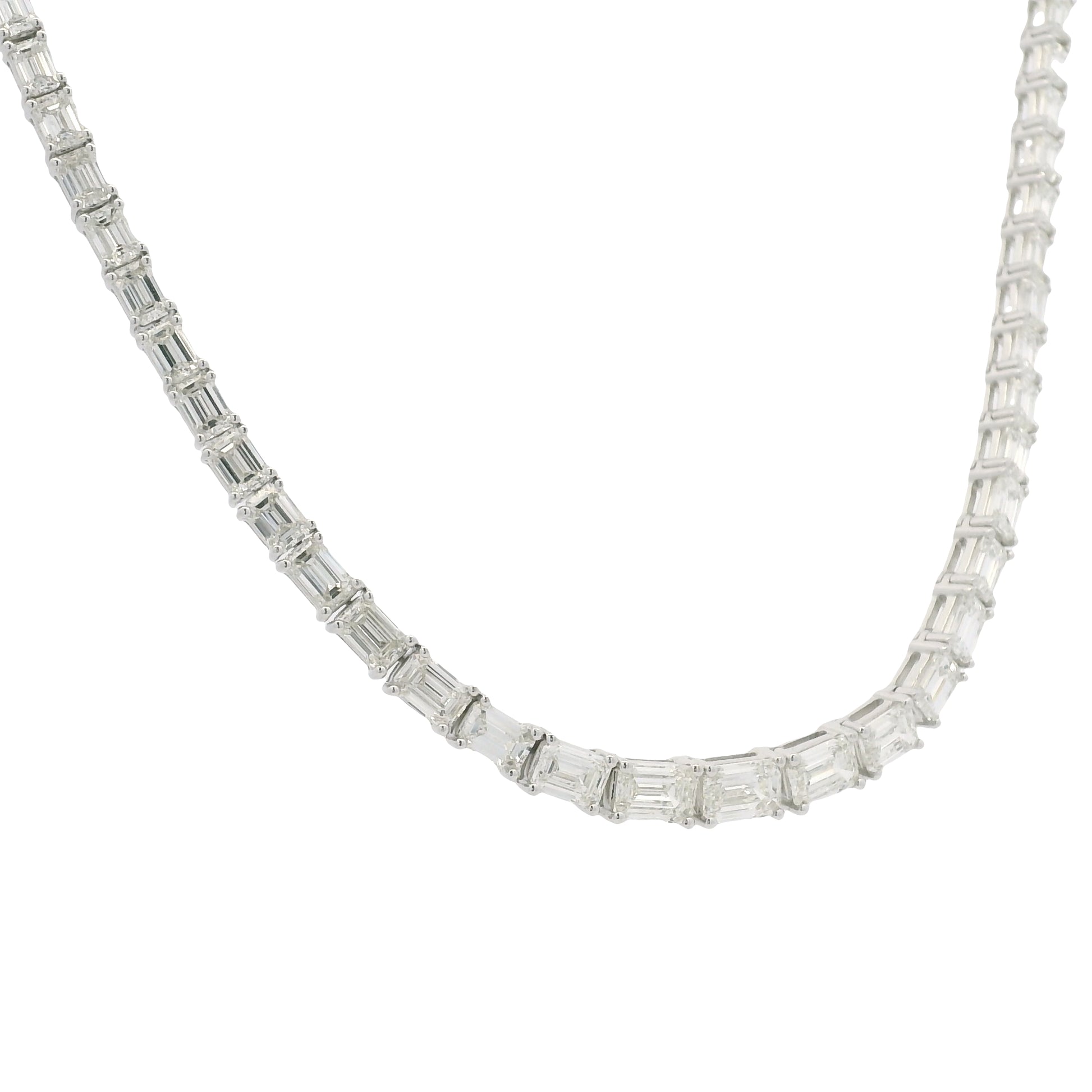 18K White Gold Natural Emerald Cut Diamond Half- Way Tennis Necklace