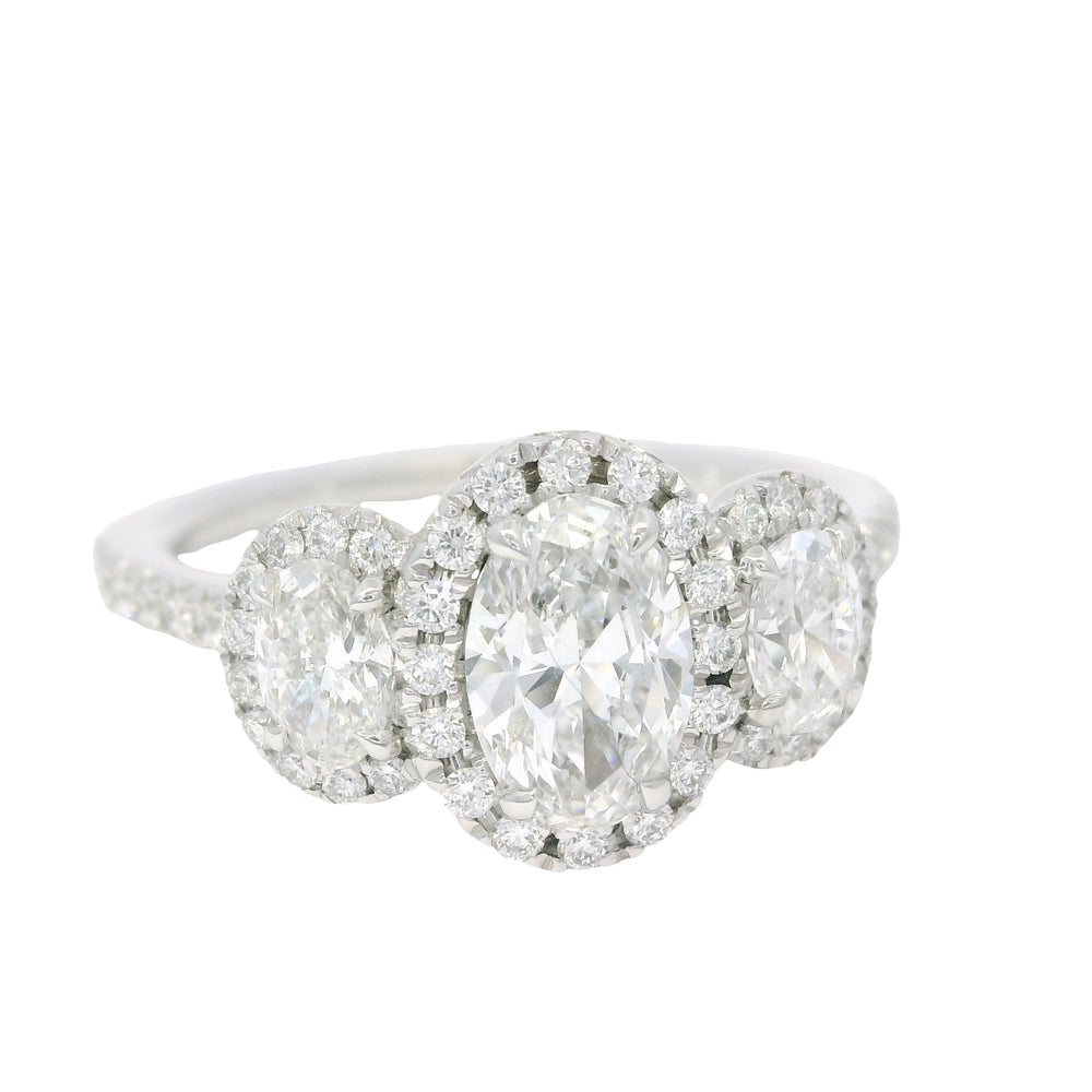 Platinum Natural 1.47 Carat oval cut diamond 3 Stone Halo Engagement Ring