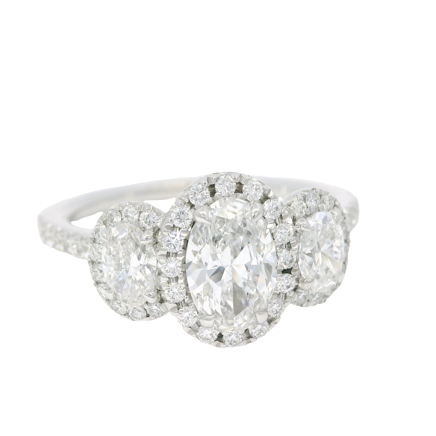 Platinum Natural 1.47 Carat oval cut diamond 3 Stone Halo Engagement Ring