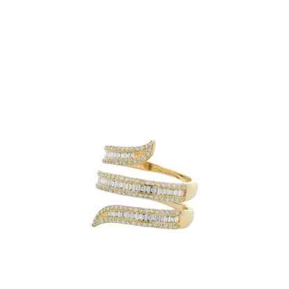 14K Yellow Gold Natural Baguette & Round Brilliant Cut Diamond Wrap Ring