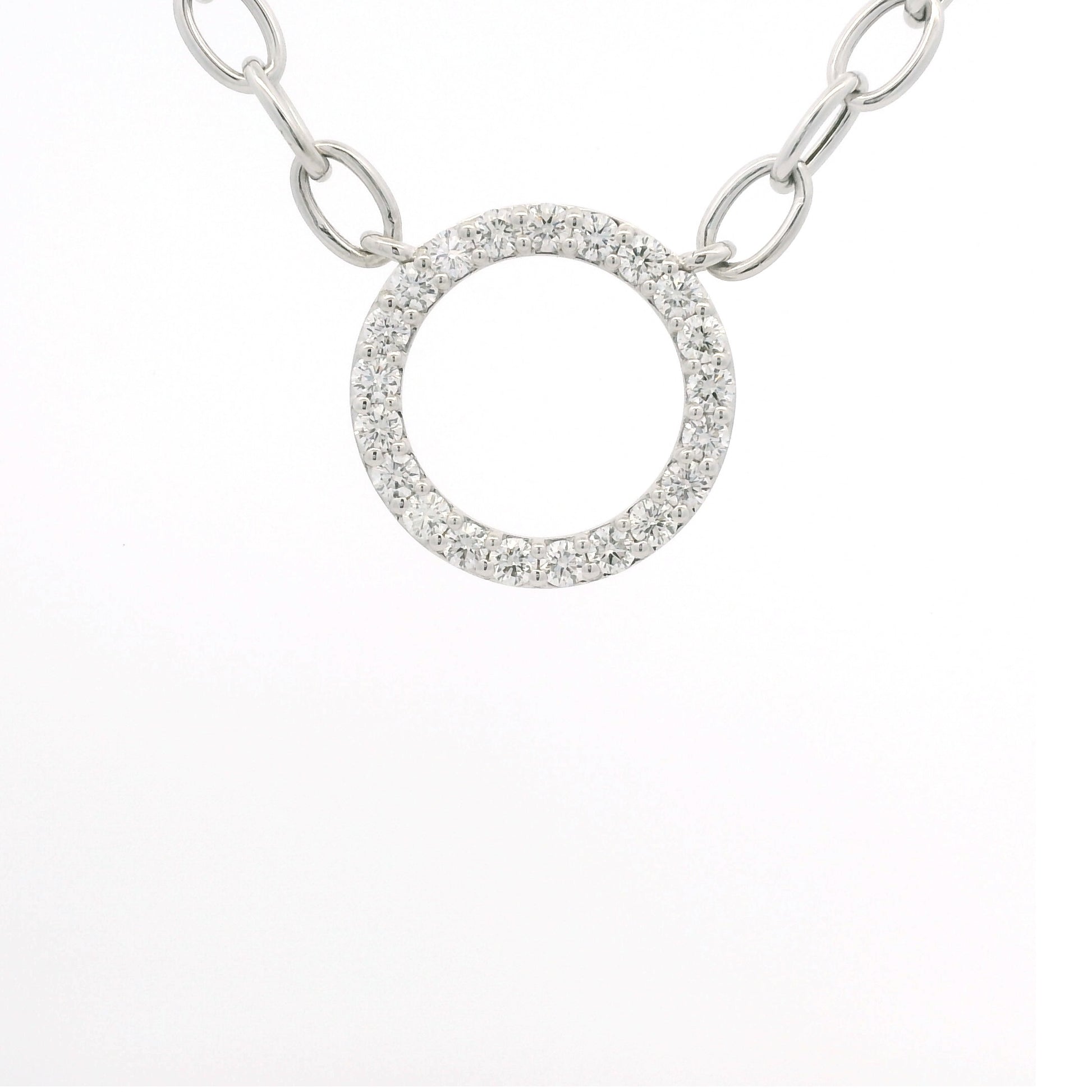 14K White Gold Natural Round Brilliant Cut Diamond Circle Pendant Paperclip Necklace