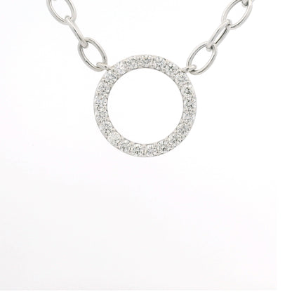 14K White Gold Natural Round Brilliant Cut Diamond Circle Pendant Paperclip Necklace