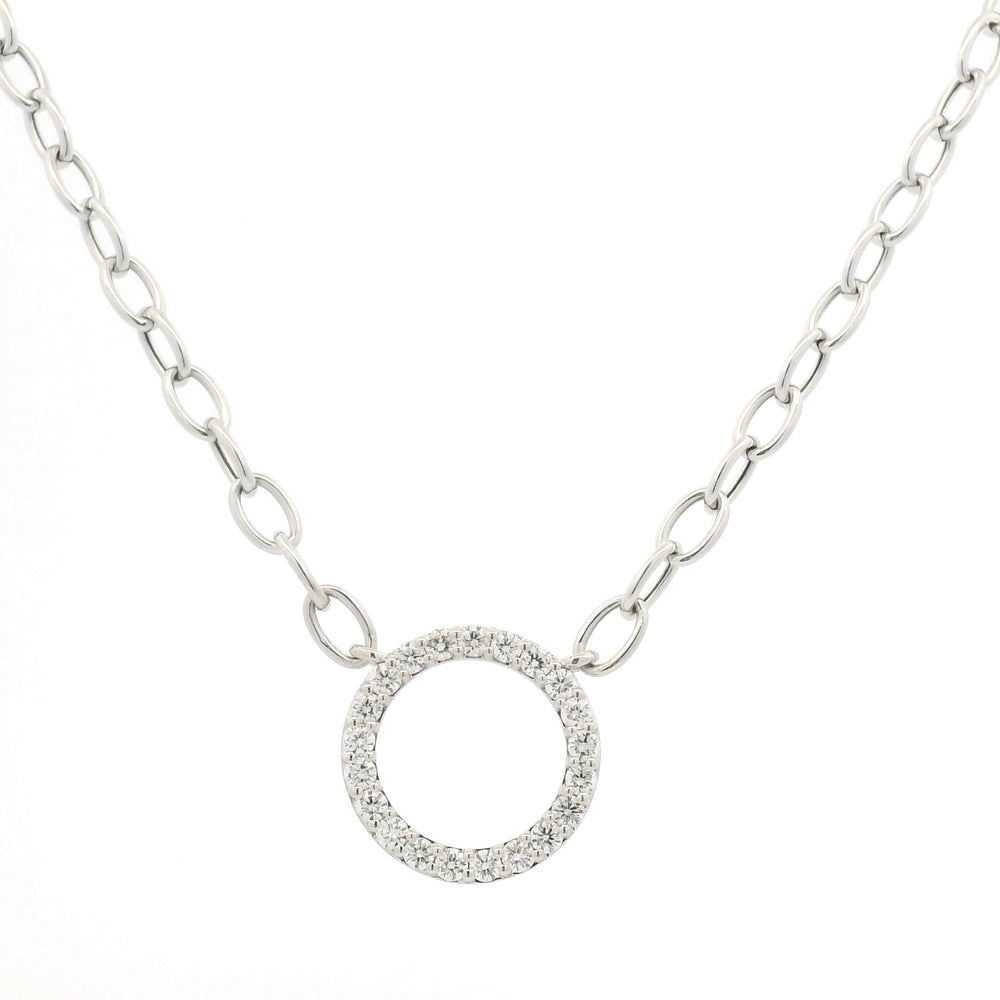 14K White Gold Natural Round Brilliant Cut Diamond Circle Pendant Paperclip Necklace