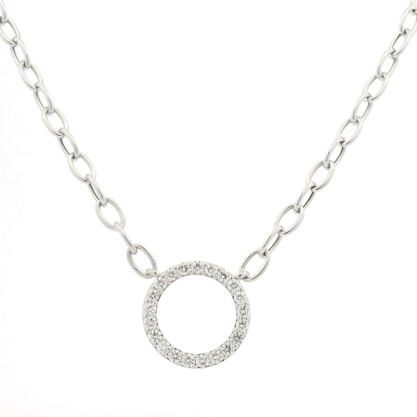 14K White Gold Natural Round Brilliant Cut Diamond Circle Pendant Paperclip Necklace