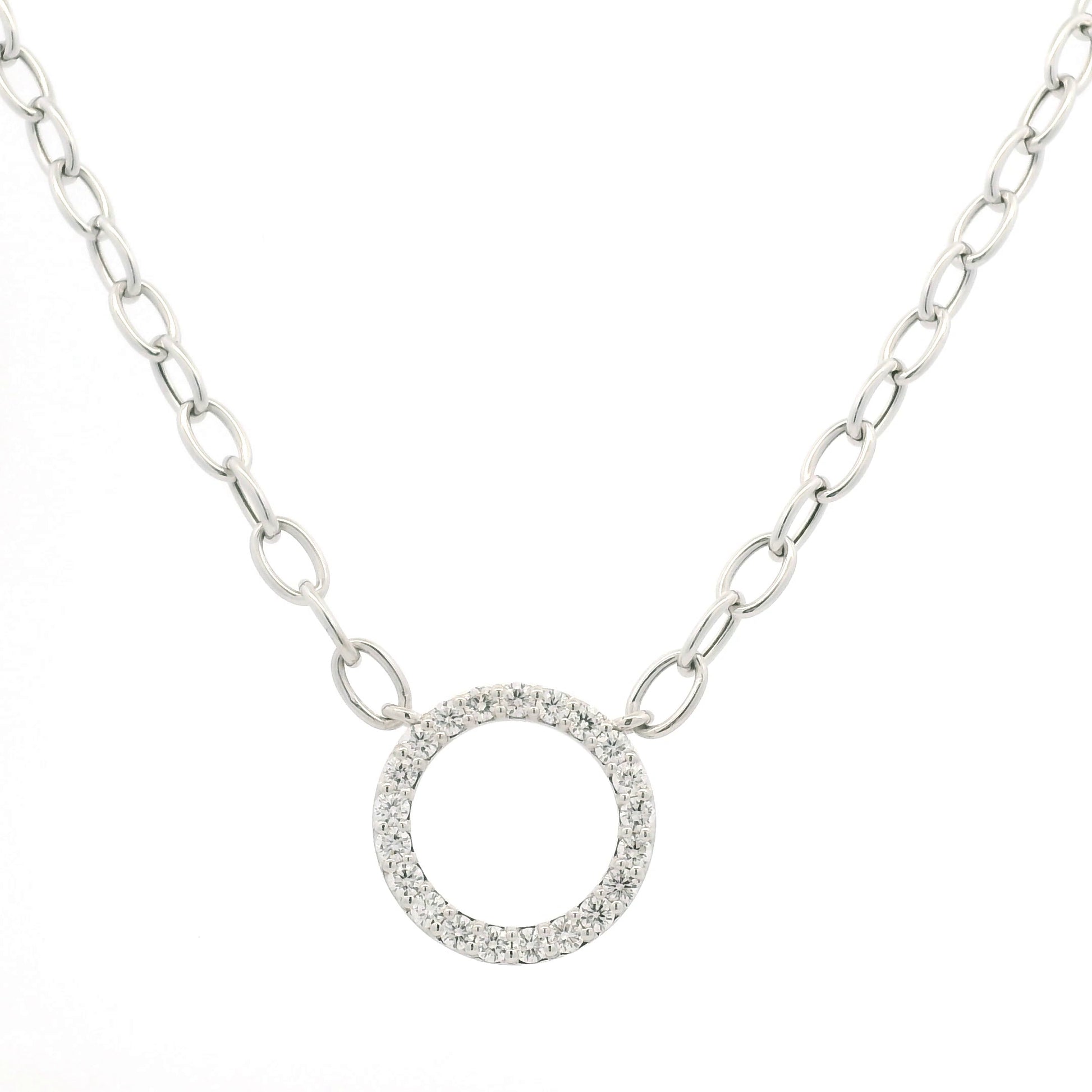 14K White Gold Natural Round Brilliant Cut Diamond Circle Pendant Paperclip Necklace