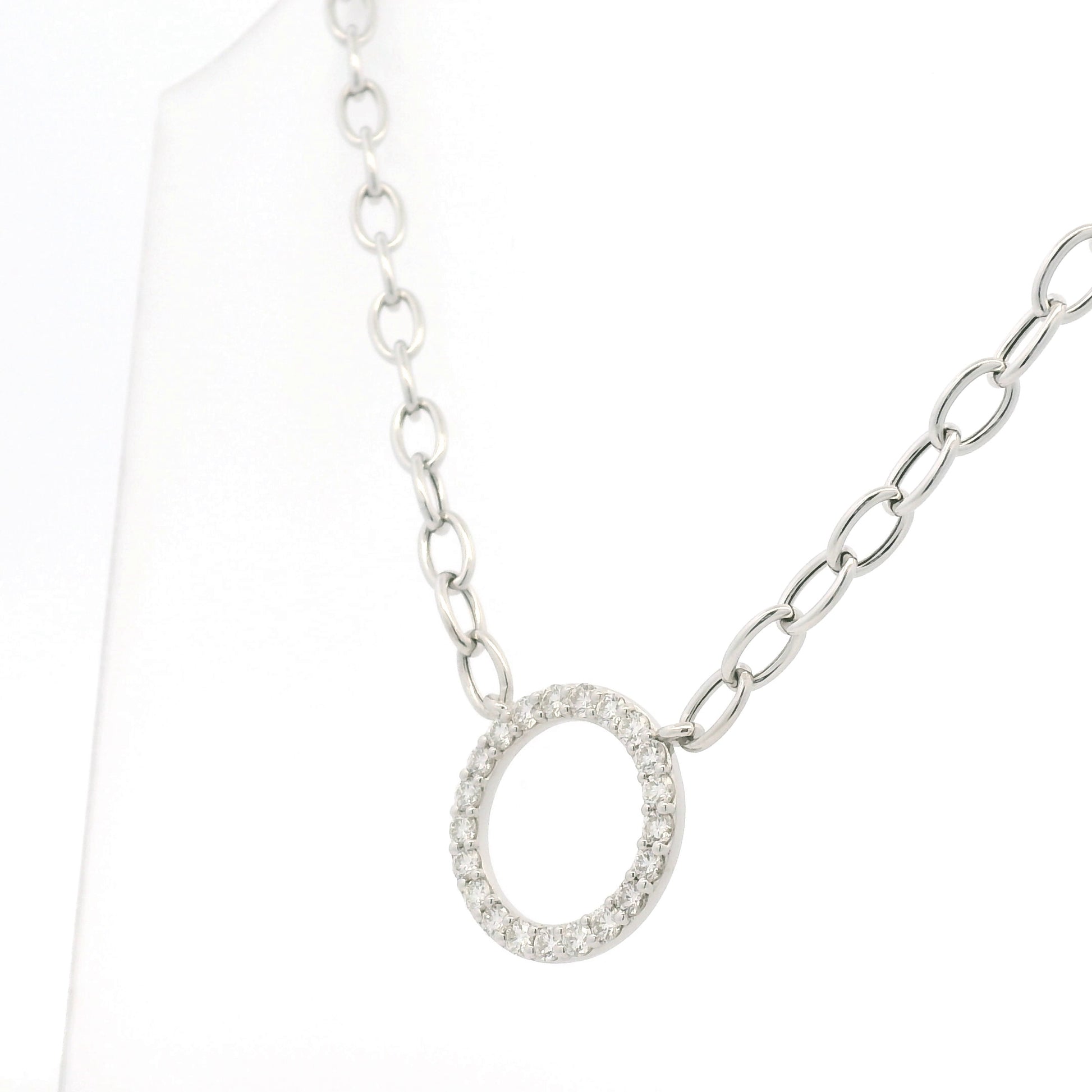 14K White Gold Natural Round Brilliant Cut Diamond Circle Pendant Paperclip Necklace