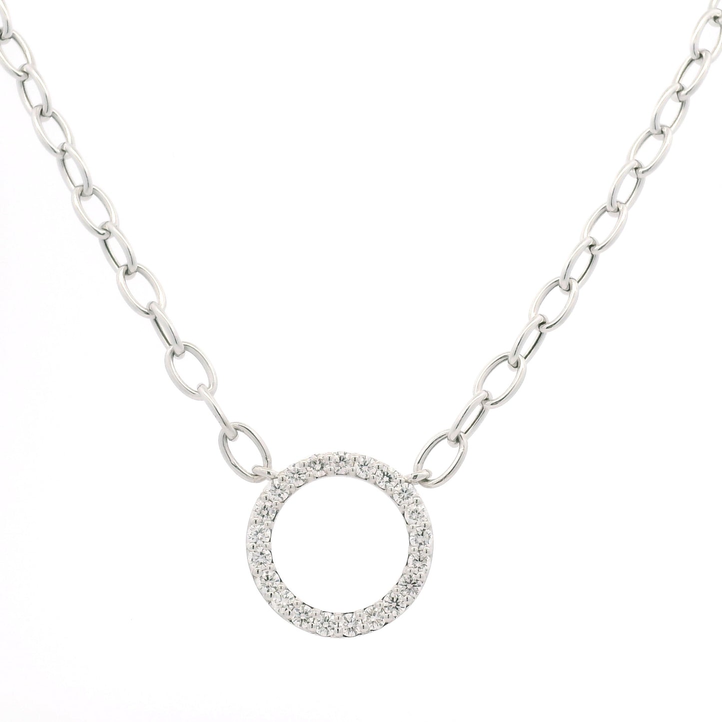 14K White Gold Natural Round Brilliant Cut Diamond Circle Pendant Paperclip Necklace