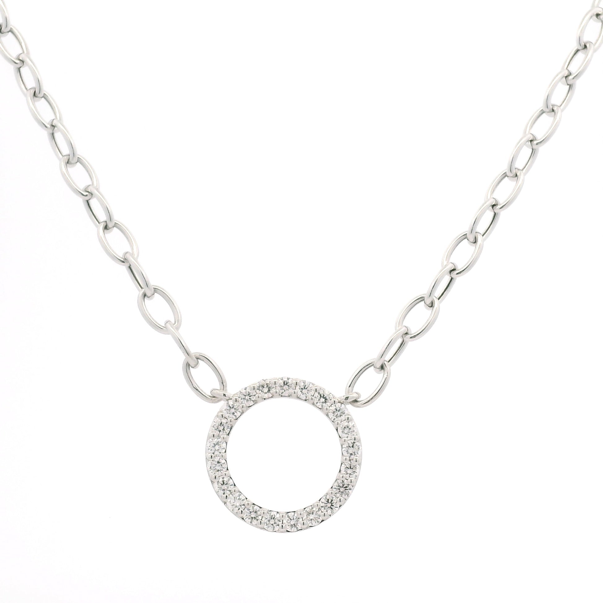 14K White Gold Natural Round Brilliant Cut Diamond Circle Pendant Paperclip Necklace