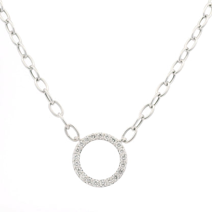 14K White Gold Natural Round Brilliant Cut Diamond Circle Pendant Paperclip Necklace