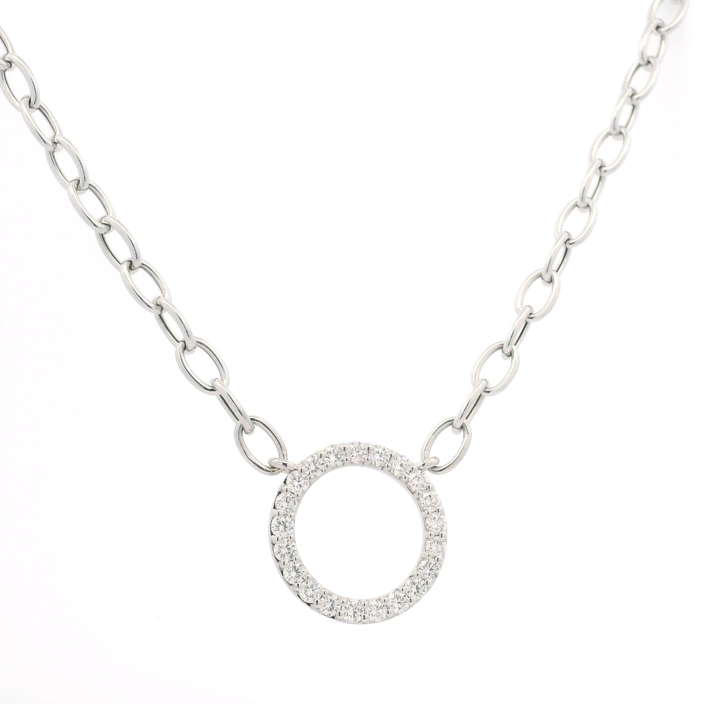14K White Gold Natural Round Brilliant Cut Diamond Circle Pendant Paperclip Necklace
